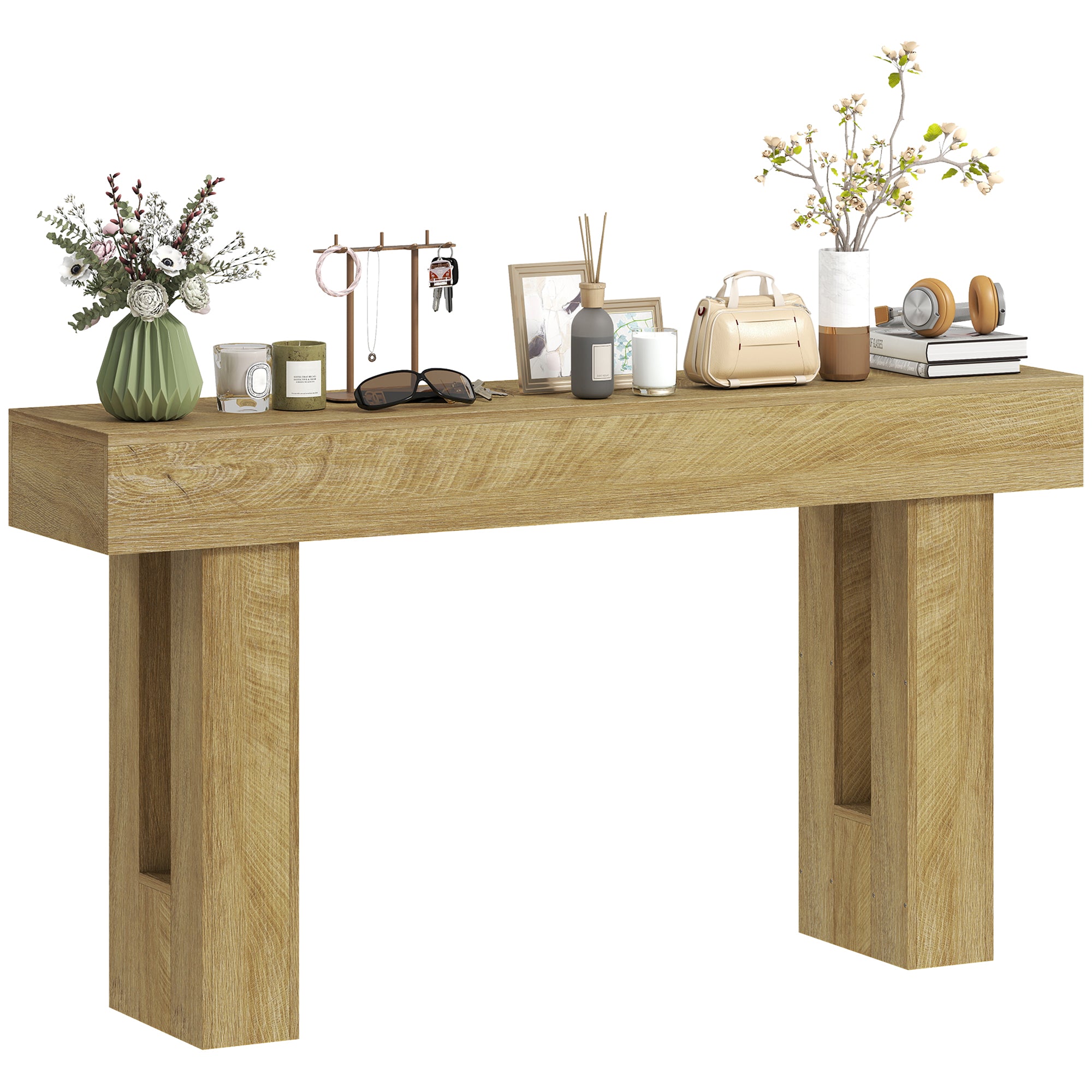 63 Inch Console Table, Narrow Farmhouse Entryway Table with Thickened Tabletop for Living Room, Hallway, Entrance, Oak