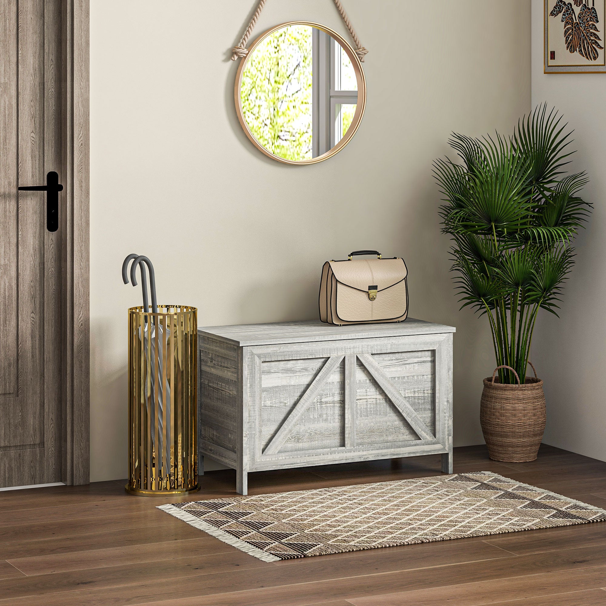 Farmhouse Lift Top Box Organizer with Safety Hinge for Bedroom, Gray Wood Grain