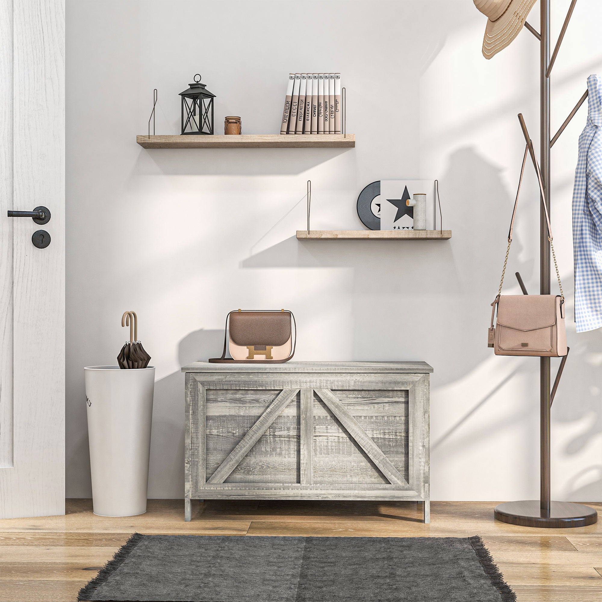 Farmhouse Lift Top Box Organizer with Safety Hinge for Bedroom, Gray Wood Grain