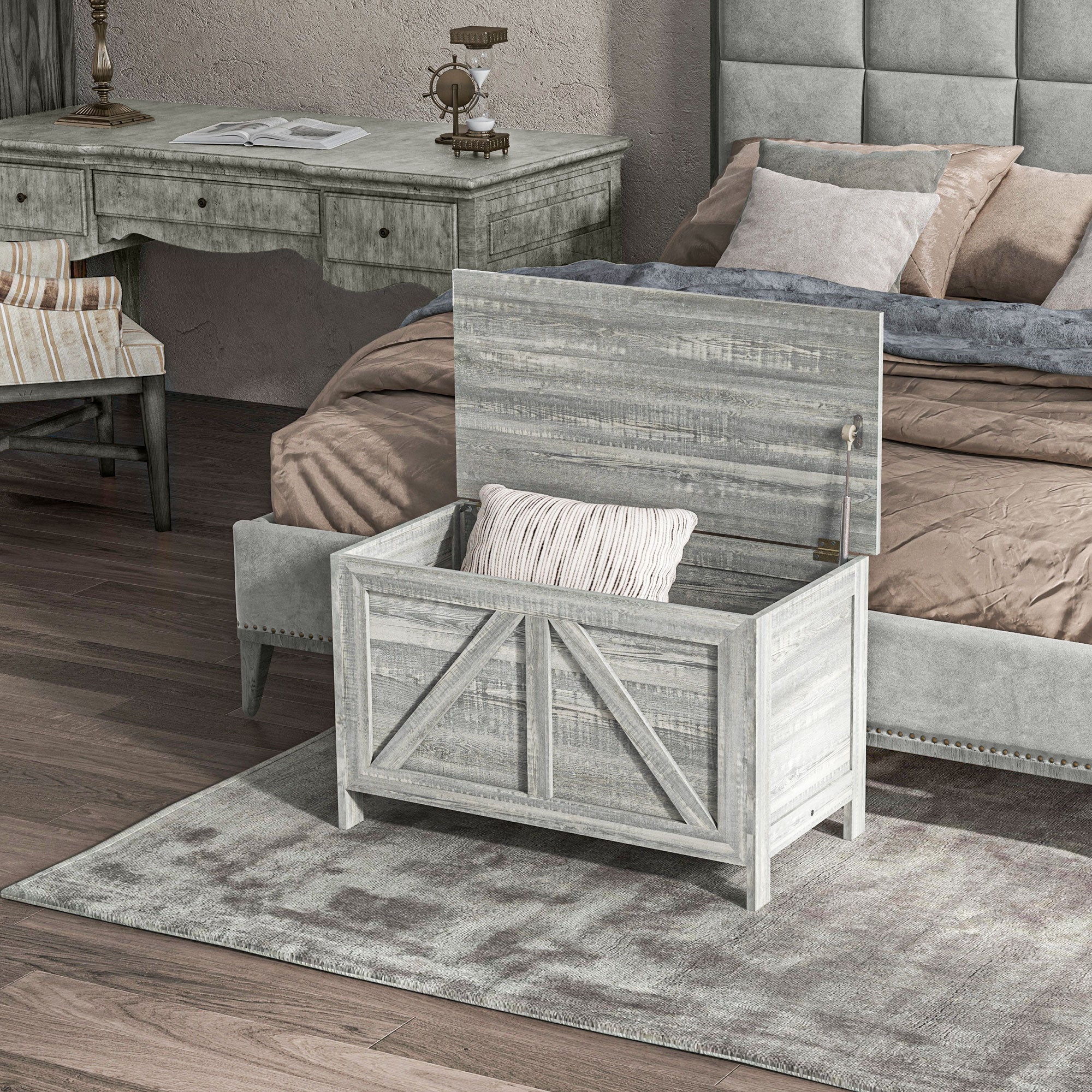 Farmhouse Lift Top Box Organizer with Safety Hinge for Bedroom, Gray Wood Grain