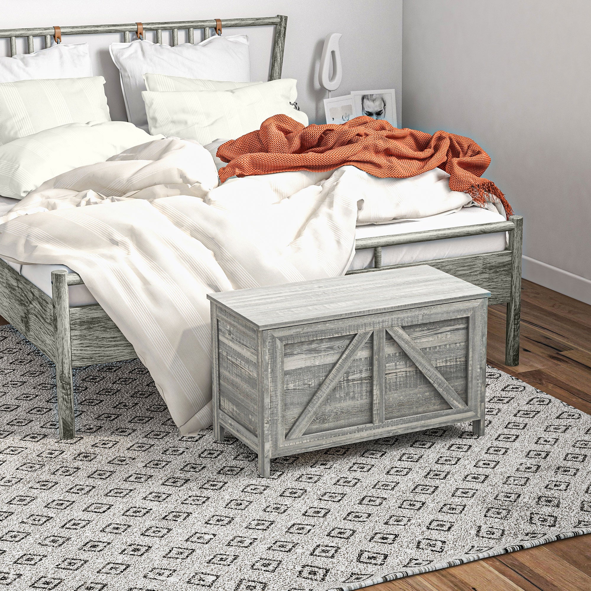 Farmhouse Lift Top Box Organizer with Safety Hinge for Bedroom, Gray Wood Grain