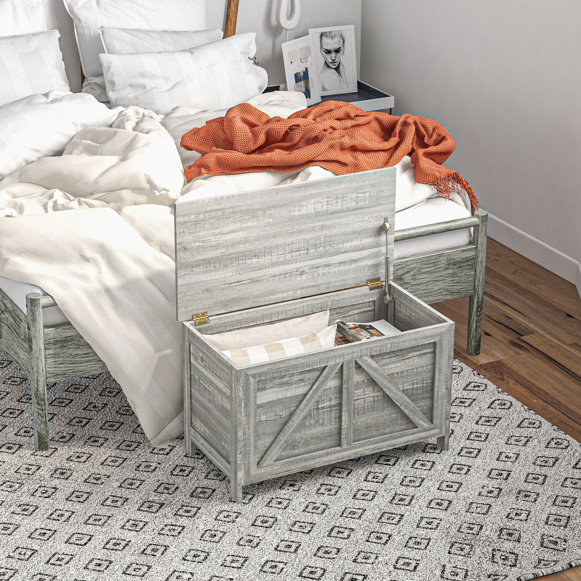 Farmhouse Lift Top Box Organizer with Safety Hinge for Bedroom, Gray Wood Grain