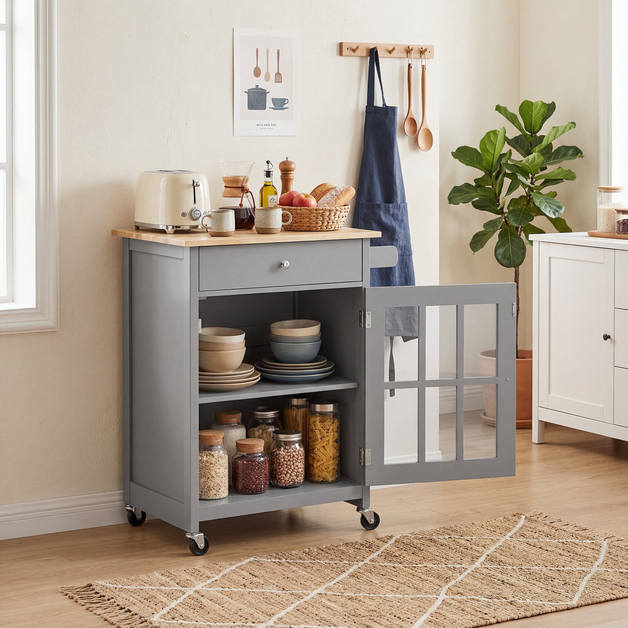 Rolling Kitchen Cart with Drawer and Glass Door Cabinet, Kitchen Island on Wheels with Adjustable Shelf and Towel Rack (Dark Grey)