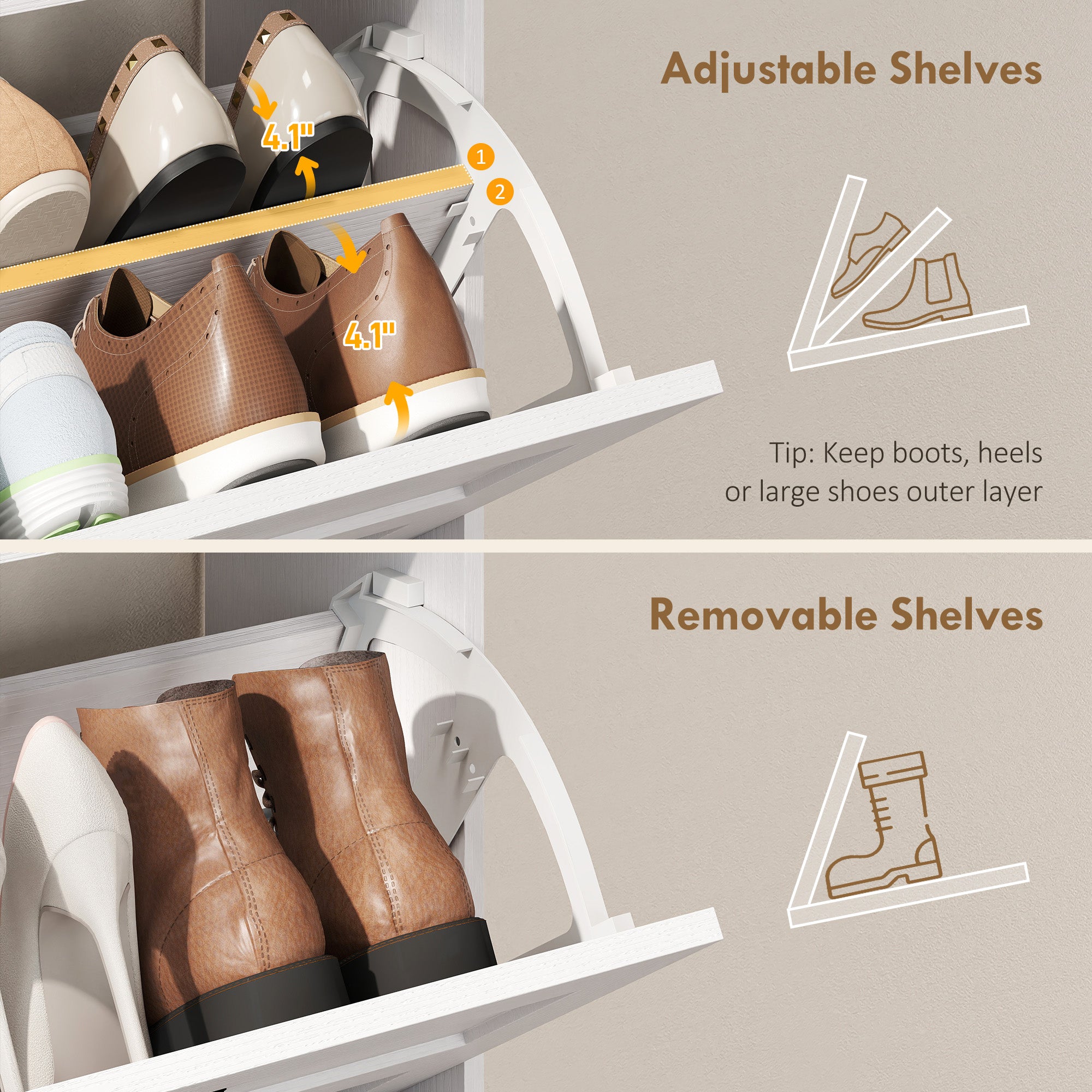 Shoe Cabinet with 2 Flip Drawers, Narrow Shoe Storage Cabinet with Adjustable Shelves and Open Shelf, Farmhouse Storage Organizer for Entryway, Hallway, Holds 12-16 Pairs, White