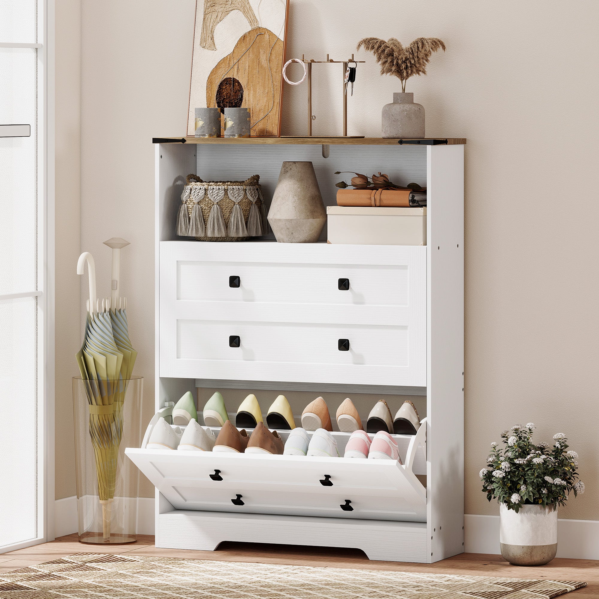 Shoe Cabinet with 2 Flip Drawers, Narrow Shoe Storage Cabinet with Adjustable Shelves and Open Shelf, Farmhouse Storage Organizer for Entryway, Hallway, Holds 12-16 Pairs, White