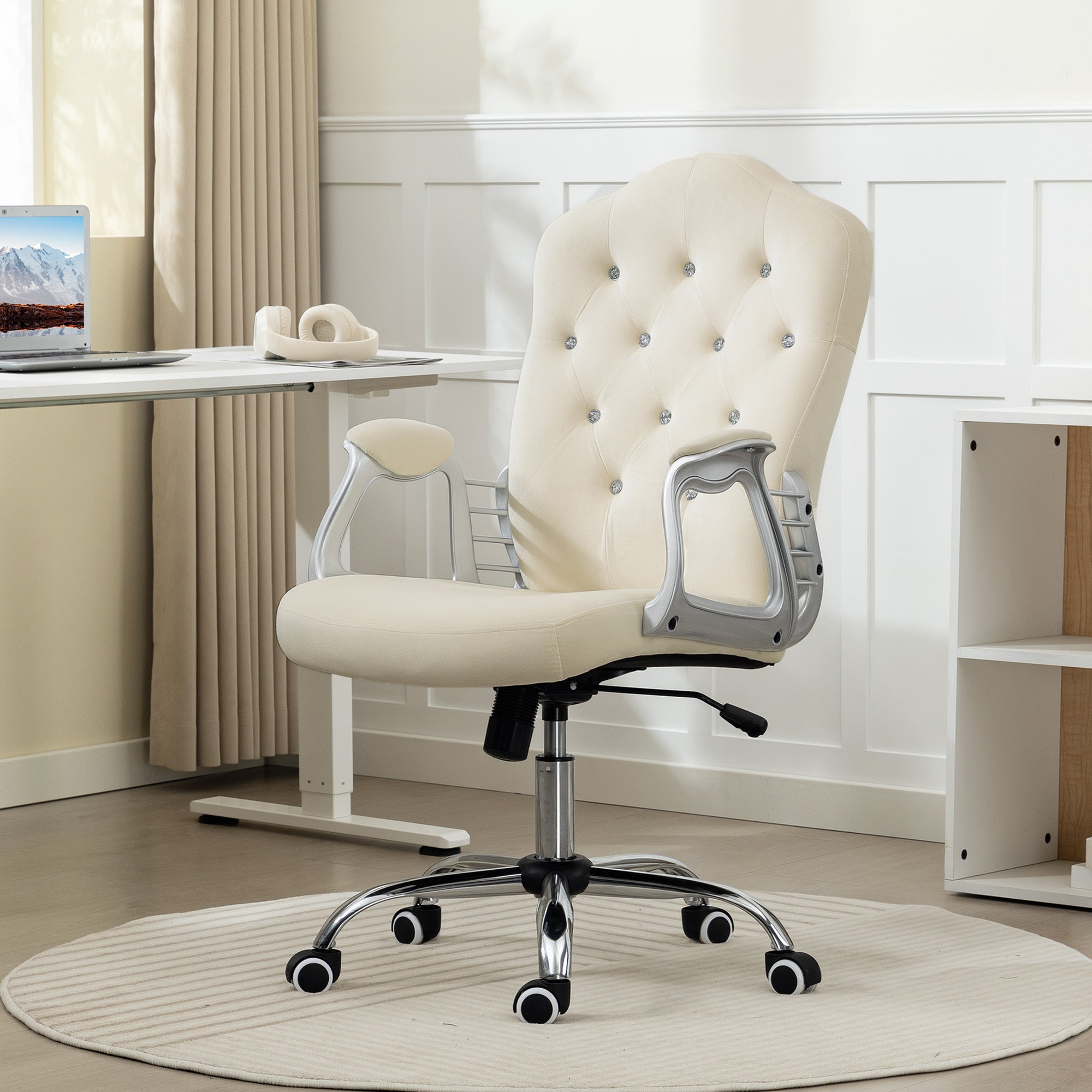 Vanity Office Chair, Velvet Computer Desk Chair with Swivel Wheels, Adjustable Height, Tilt Function, Beige