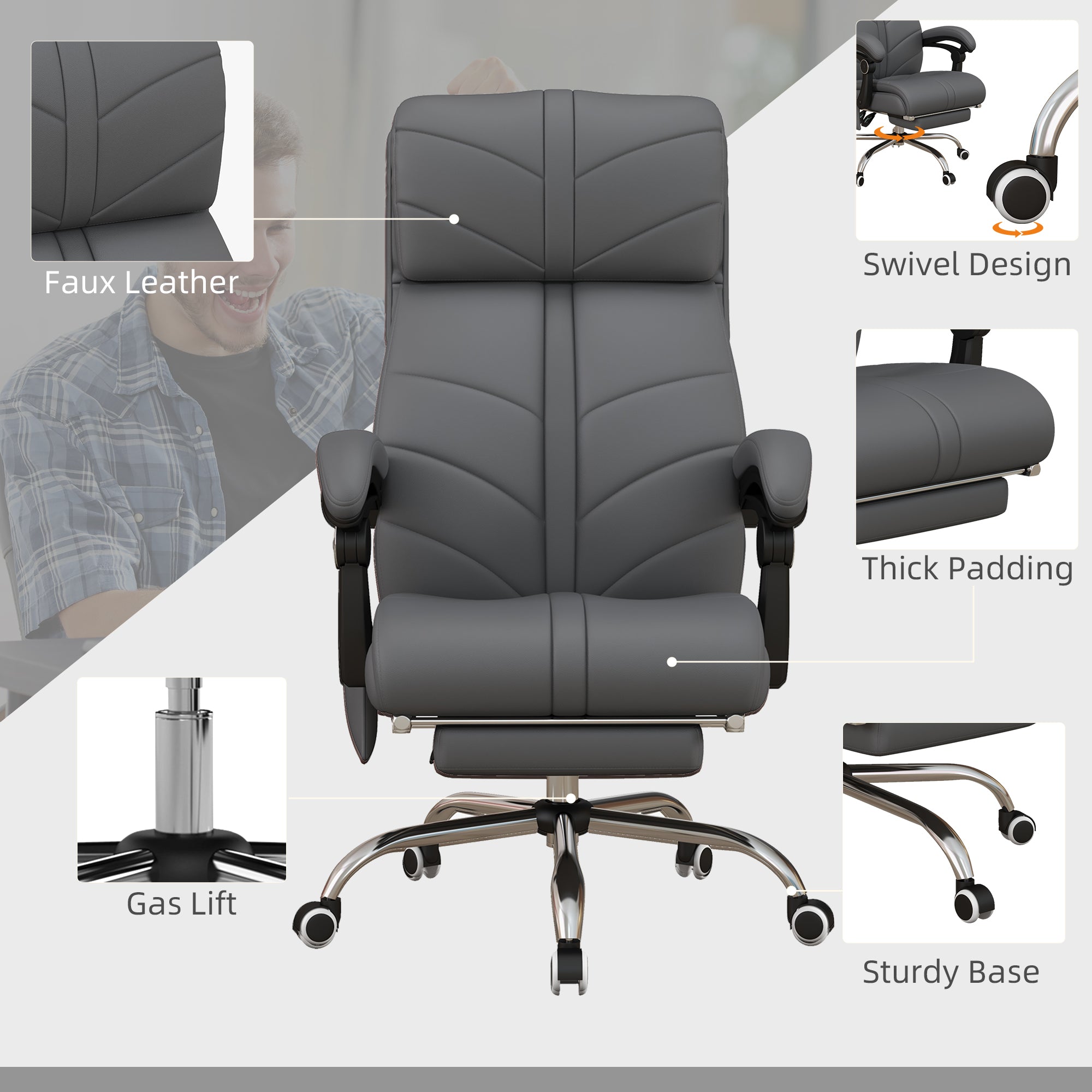 Executive Massage Office Chair with 4 Vibration, PU Leather Heated Reclining Chair, Gray