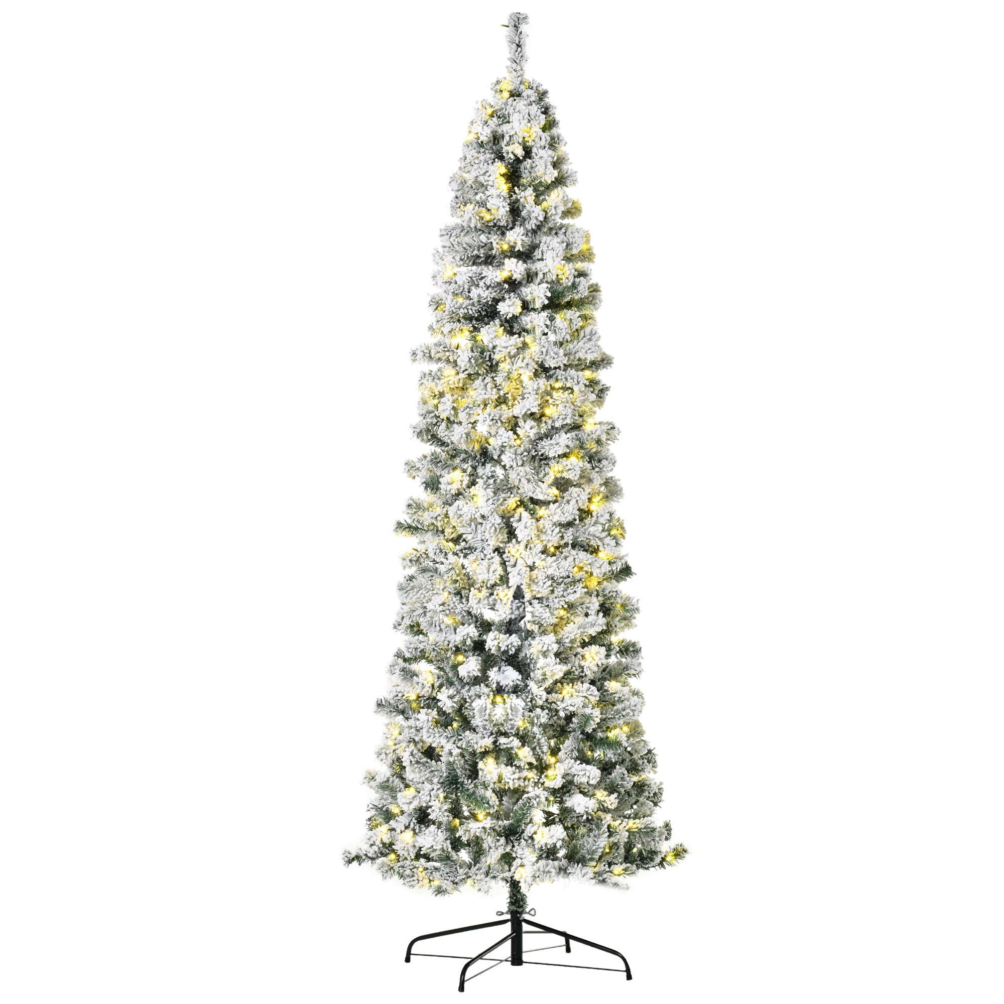 HOMCOM 7.5 Feet Prelit Artificial Snow Flocked Pencil Christmas Tree, Slim Xmas Tree with Warm White LED Light, Holiday Home Xmas Decoration, Green