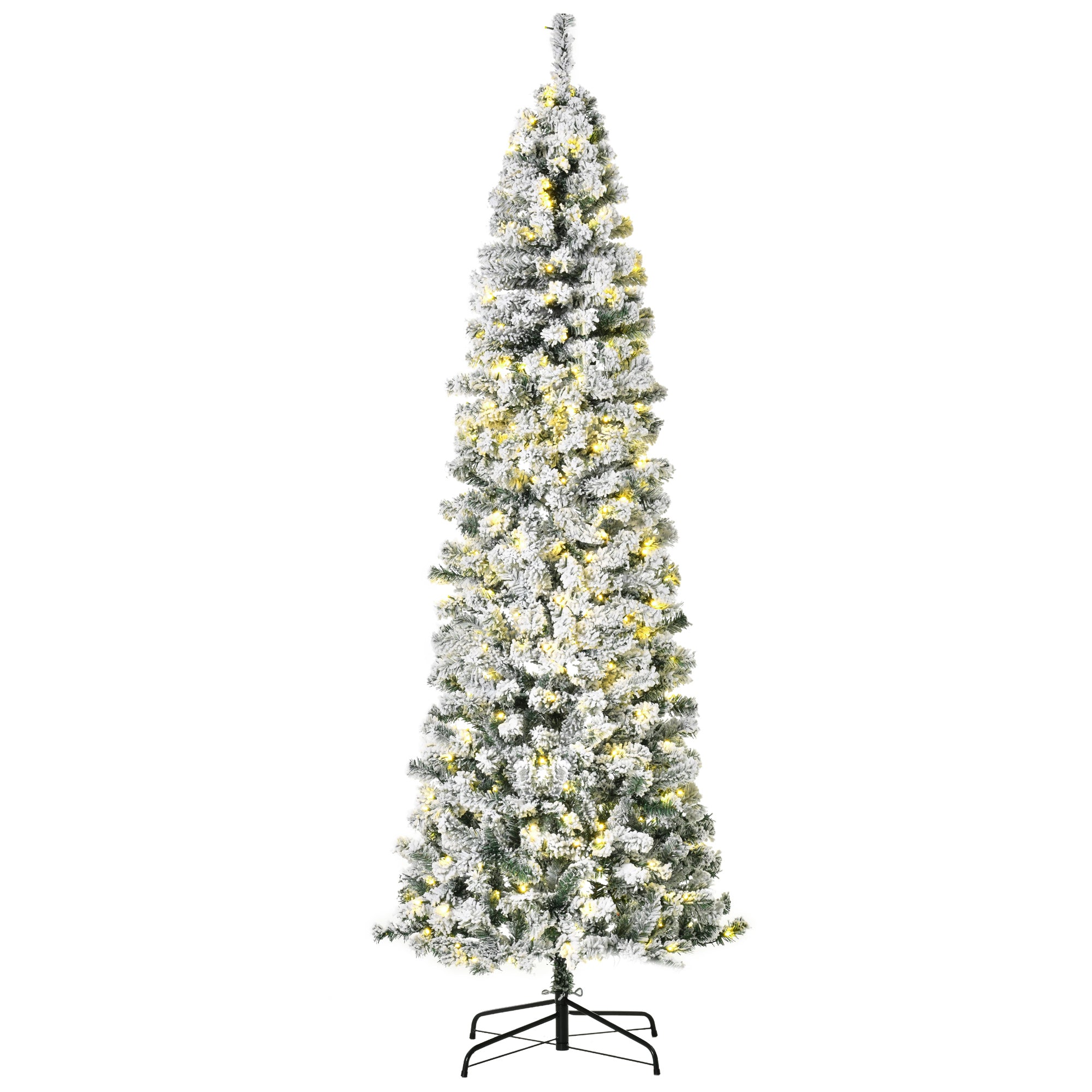 HOMCOM 7.5 Feet Prelit Artificial Snow Flocked Pencil Christmas Tree, Slim Xmas Tree with Warm White LED Light, Holiday Home Xmas Decoration, Green