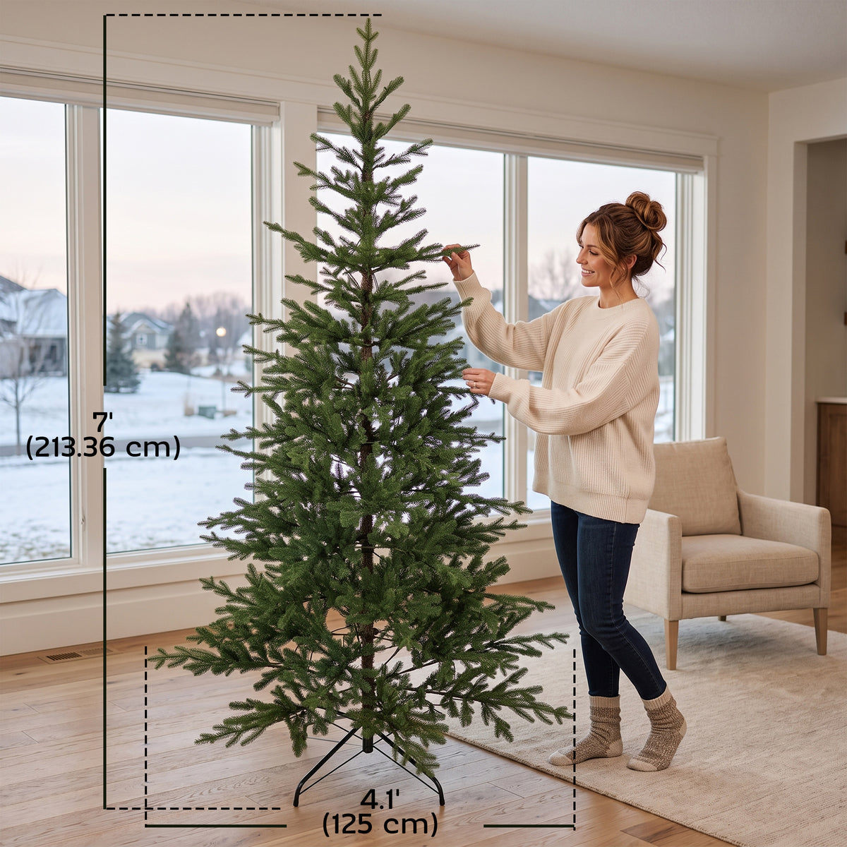7ft Prelit Sparse Christmas Tree, Artificial Downswept Hinged Xmas Tree with 300 Warm White LED Lights, 8 Modes, 2517 Tips, Metal Stand, Green