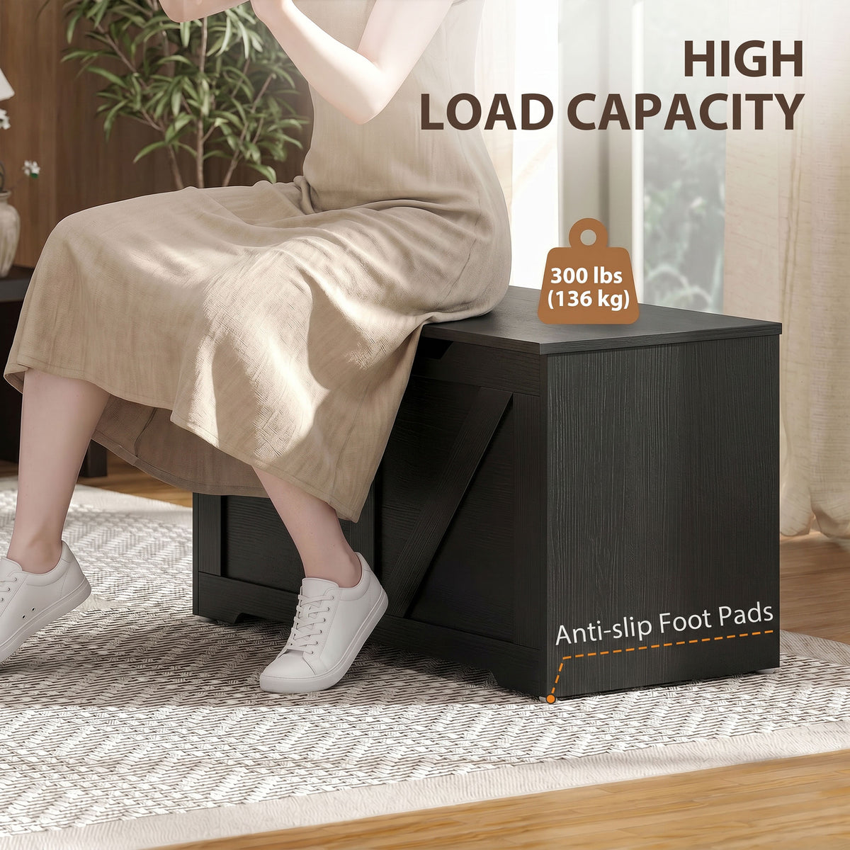 Storage Chest, Storage Bench with 2 Safety Hinges and U-shaped Cut-out Pull for Living Room, Entryway, 39.4" x 15.7" x 17.7", Supports 300 lbs, Black Wood Grain