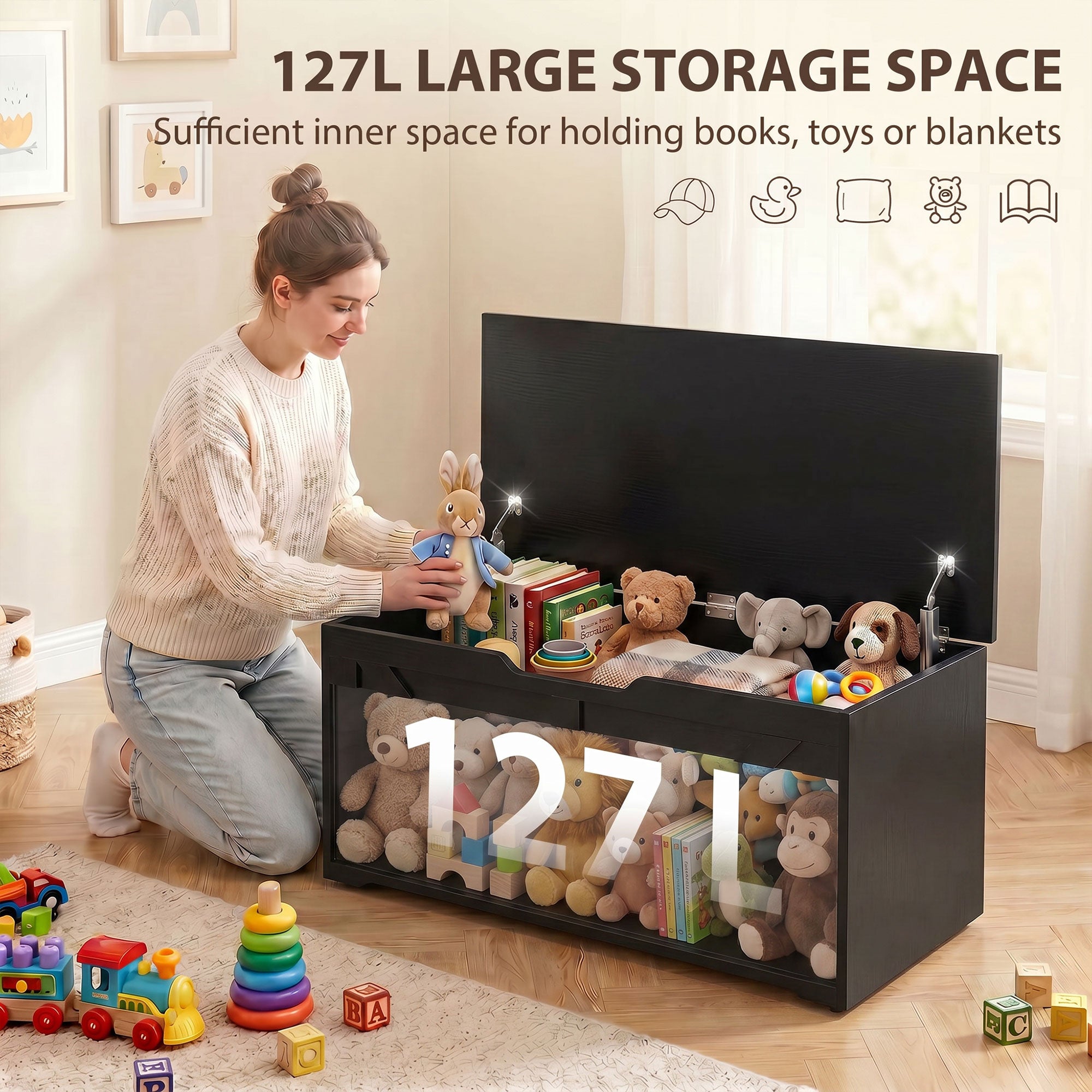 127L Storage Chest, Shoe Storage Trunk Bench Box with 2 Safety Hinges and U-shaped Cut-out Pull, Blanket Box Ottoman for Bedroom, Living Room, Entryway, 100 x 40 x 45 cm, Black Wood-Effect