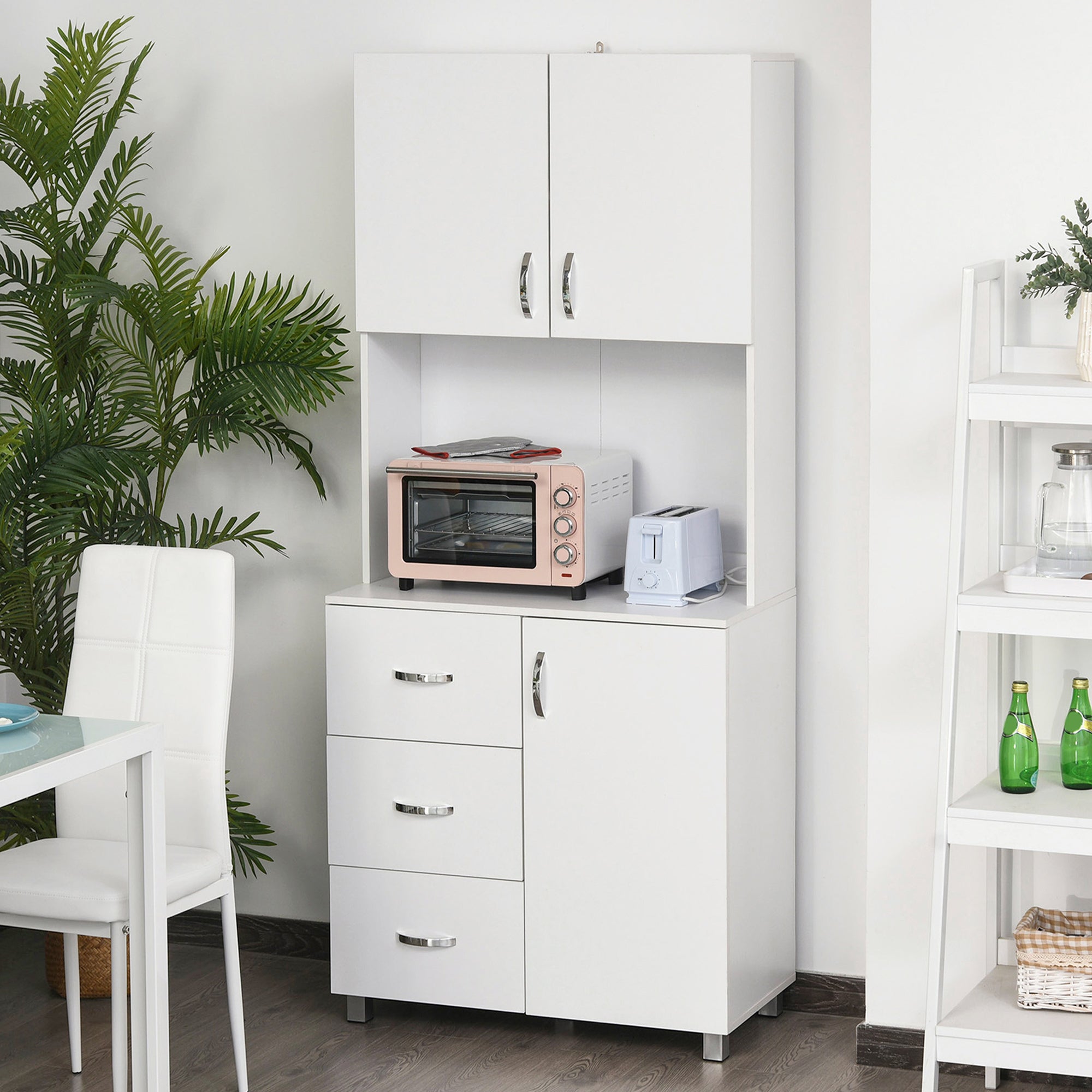 183.5cm Free standing Kitchen Cupboard, Storage Cabinet with Doors and Sheleves, 3 drawers and Open Space, Adjustable Height Storage Unit, White