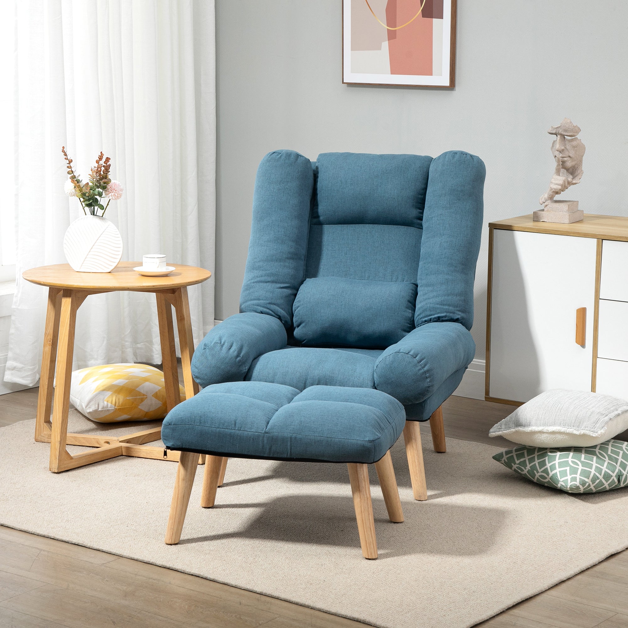 HOMCOM Armchair with Footstool, 180° Recliner with Ottoman, Accent Chair and Footstool with 3-Position Adjustable Backrest and Wooden Legs for Living Room, Blue