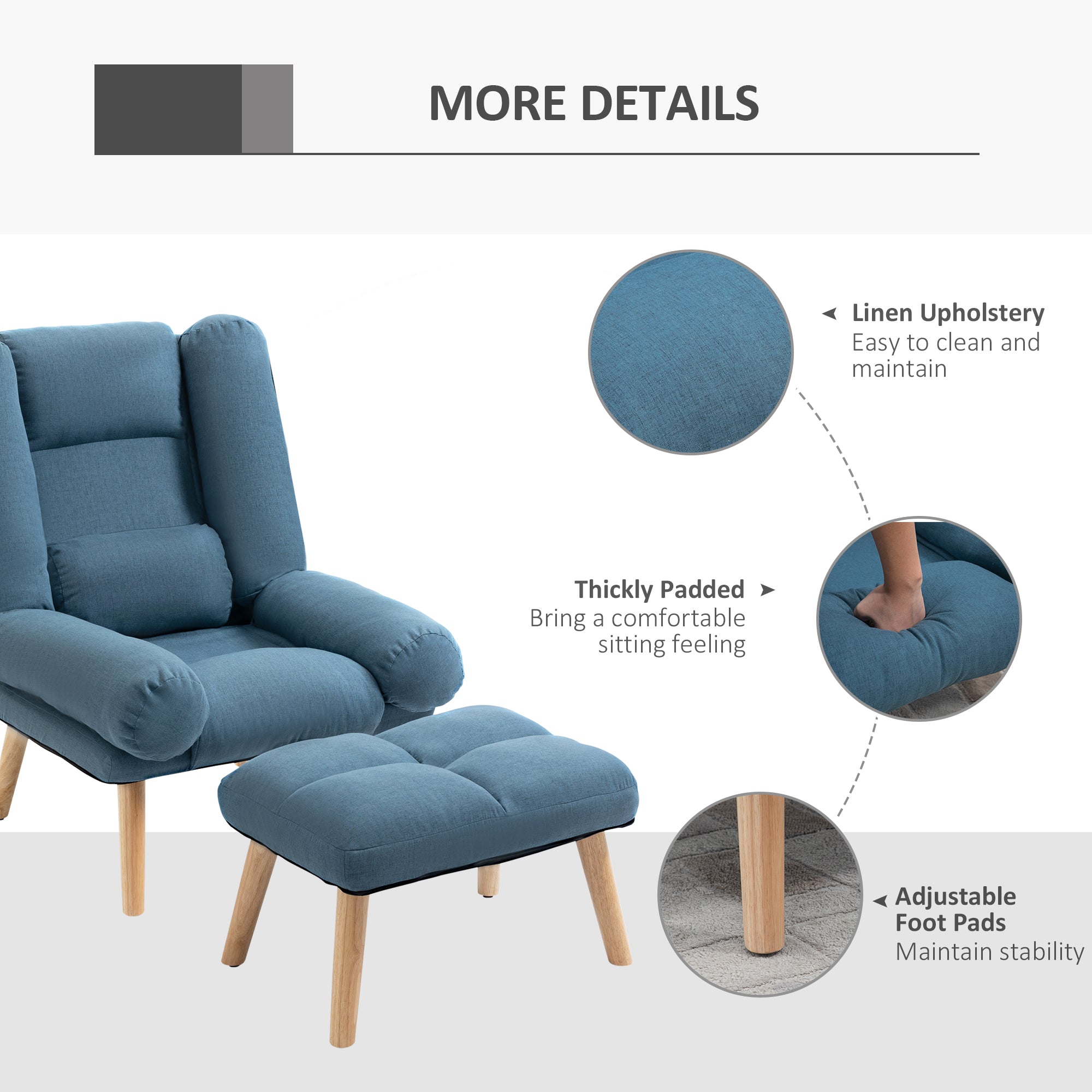 HOMCOM Armchair with Footstool, 180° Recliner with Ottoman, Accent Chair and Footstool with 3-Position Adjustable Backrest and Wooden Legs for Living Room, Blue