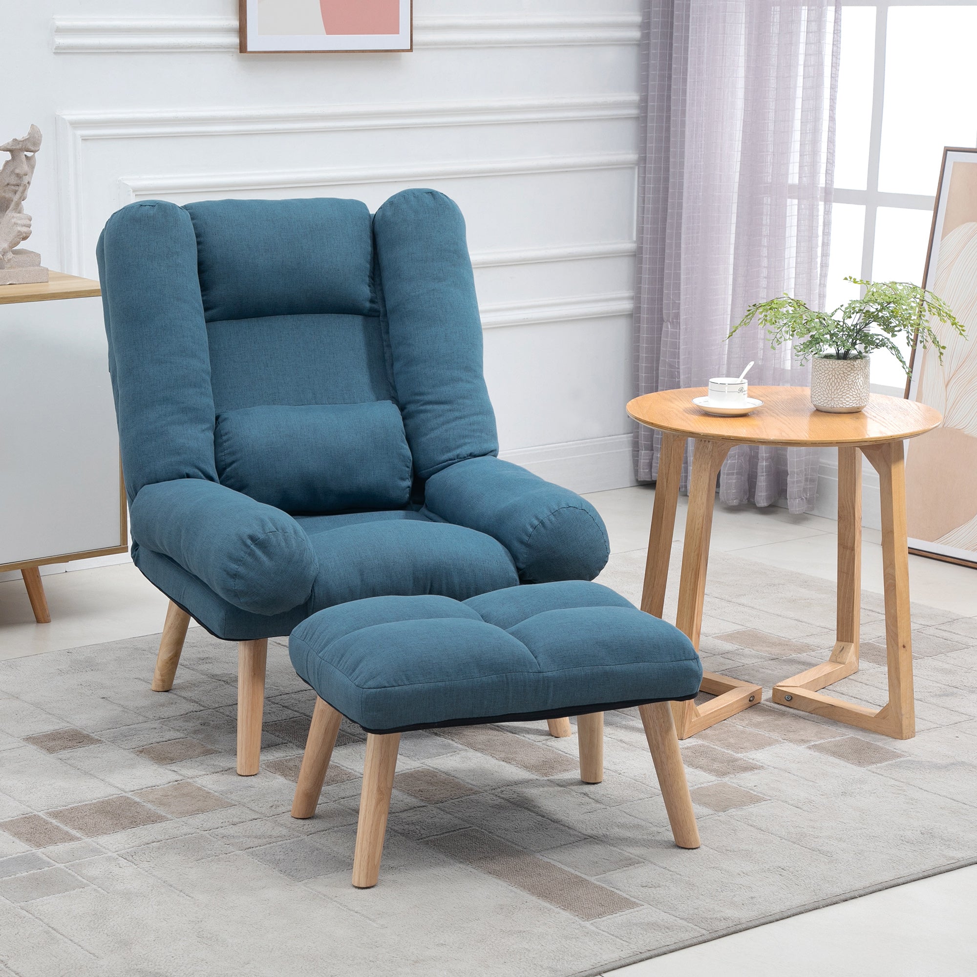 HOMCOM Armchair with Footstool, 180° Recliner with Ottoman, Accent Chair and Footstool with 3-Position Adjustable Backrest and Wooden Legs for Living Room, Blue