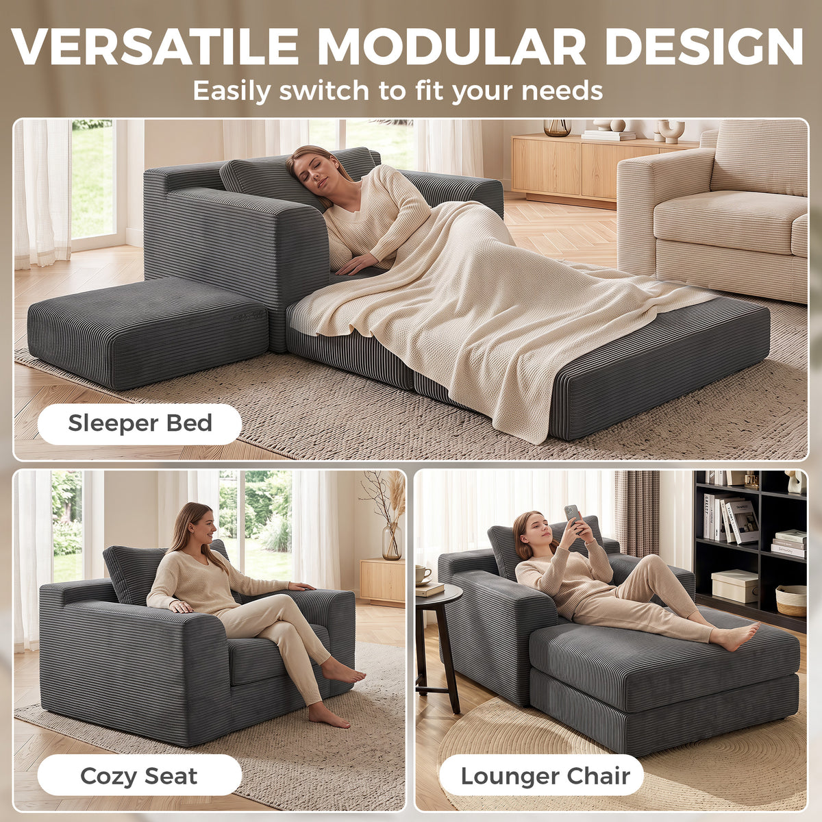 51" Chair Bed, Corduroy Upholstered Sleeper Chair with Pillow, Boneless Floor Sofa for Living Room, Bedroom, Apartment, Office, Dark Grey