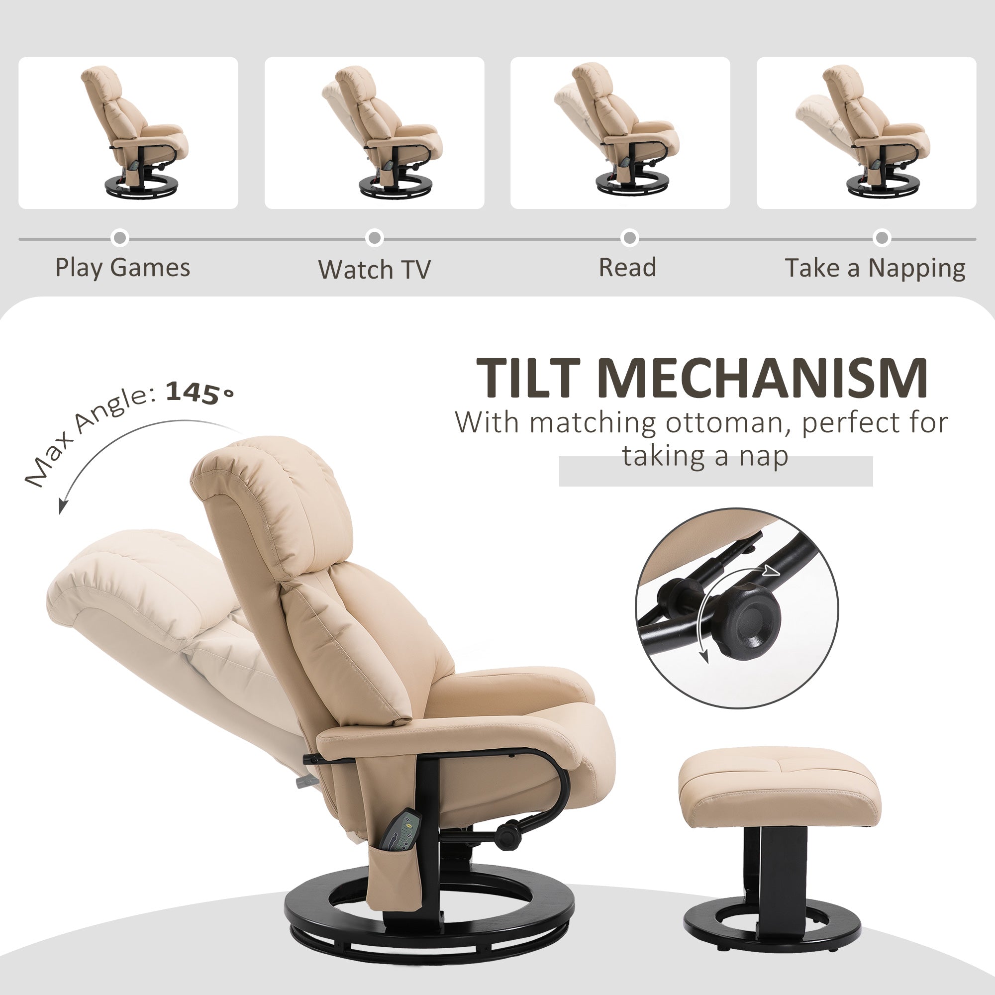 10-Point Massage Recliner Chair, Vibration Massage Sofa w/ Ottoman Footrest, Beige - HOMCOM