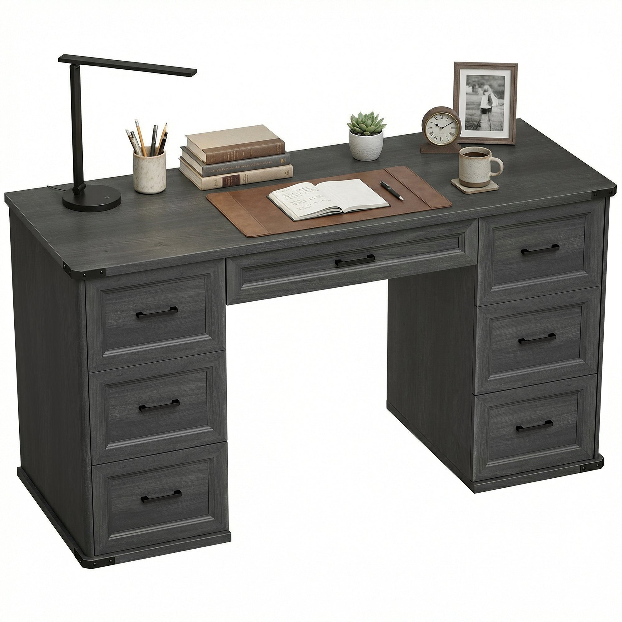 55" Farmhouse Executive Desk, Computer Desk with Drawers, Study Table for Home Office, Bedroom, Black Wood Grain
