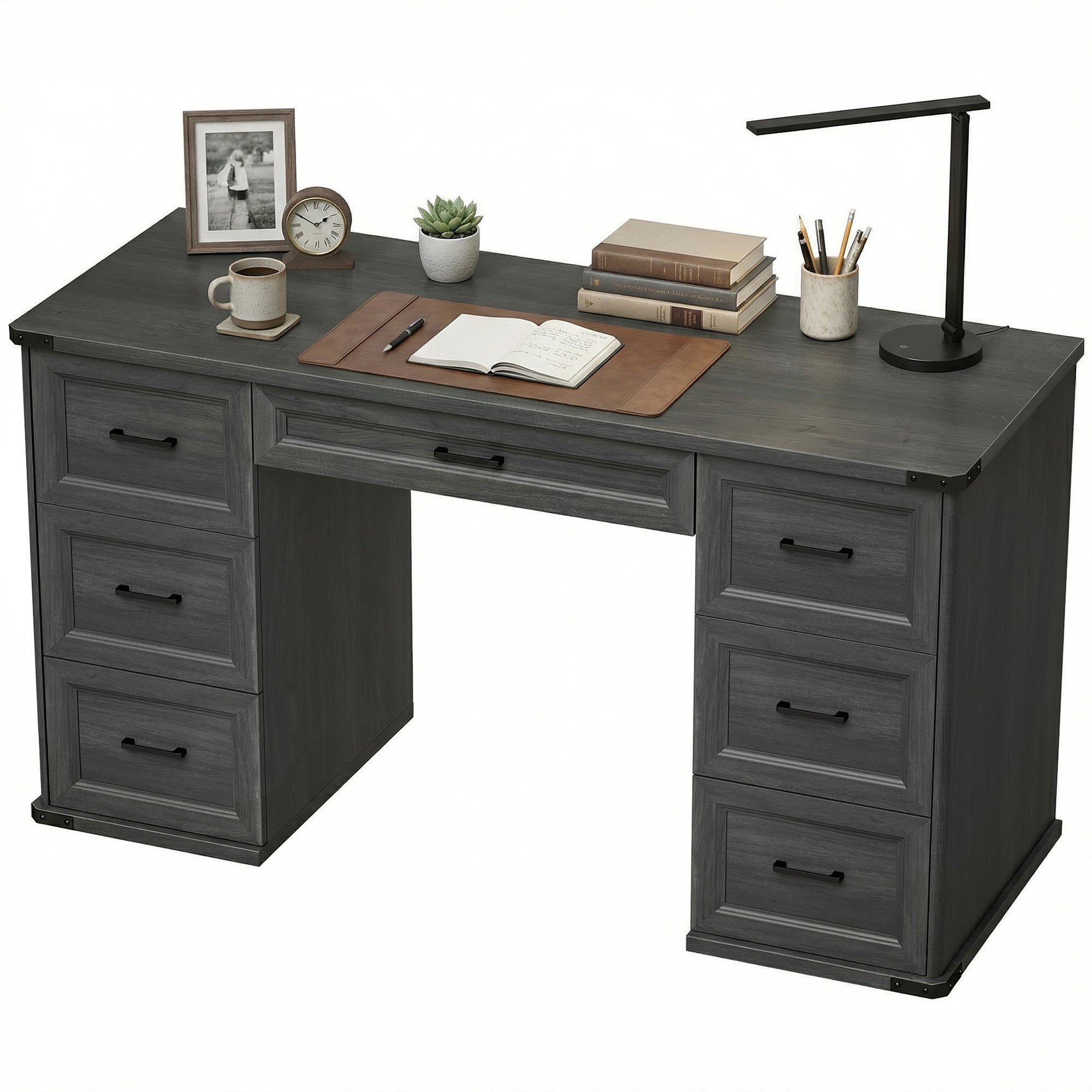55" Farmhouse Executive Desk, Computer Desk with Drawers, Study Table for Home Office, Bedroom, Black Wood Grain