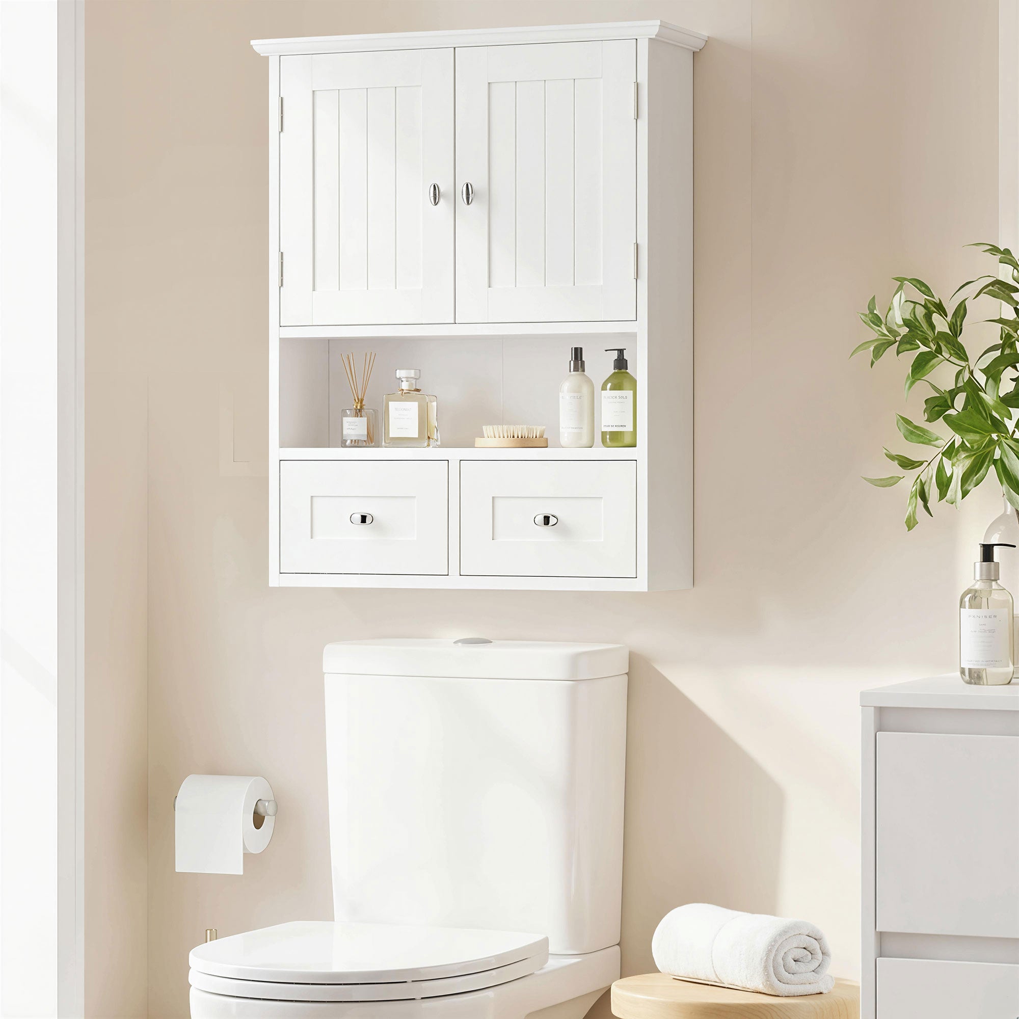 Armoire murale de salle de bain, armoire à pharmacie avec étagère et tiroirs, blanche, à placer au-dessus des toilettes