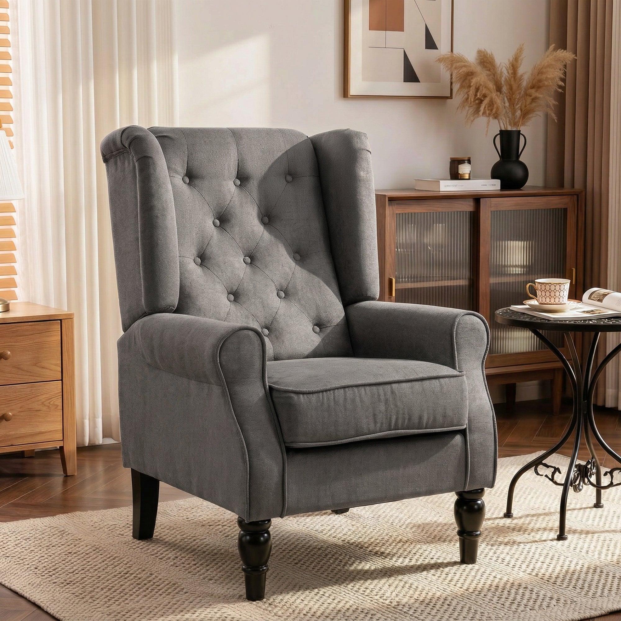 Retro Button Tufted Accent Armchair with Wooden Frame and Legs for Living Room, Bedroom, Dark Grey - HOMCOM