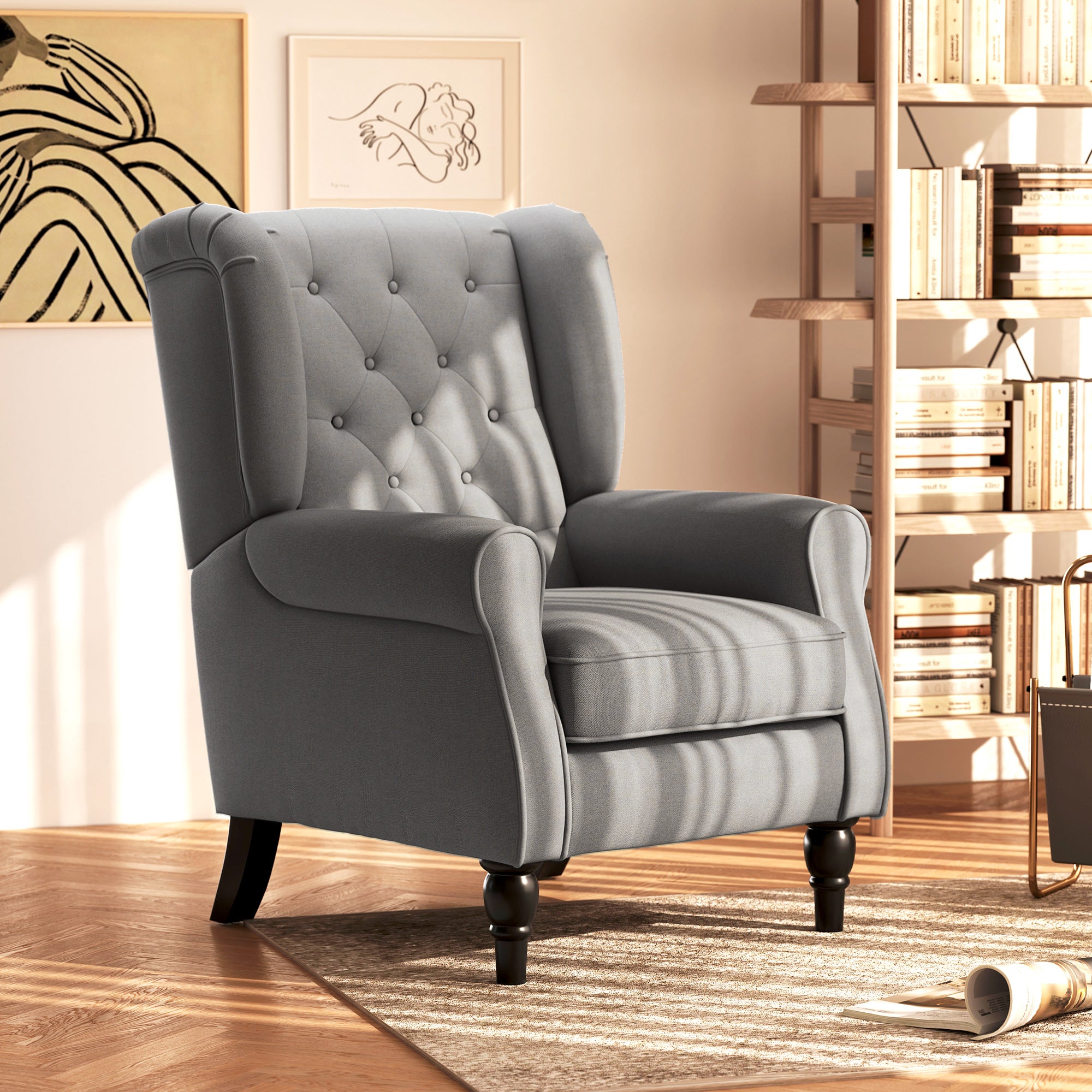 Retro Button Tufted Accent Armchair with Wooden Frame and Legs for Living Room, Bedroom, Dark Grey