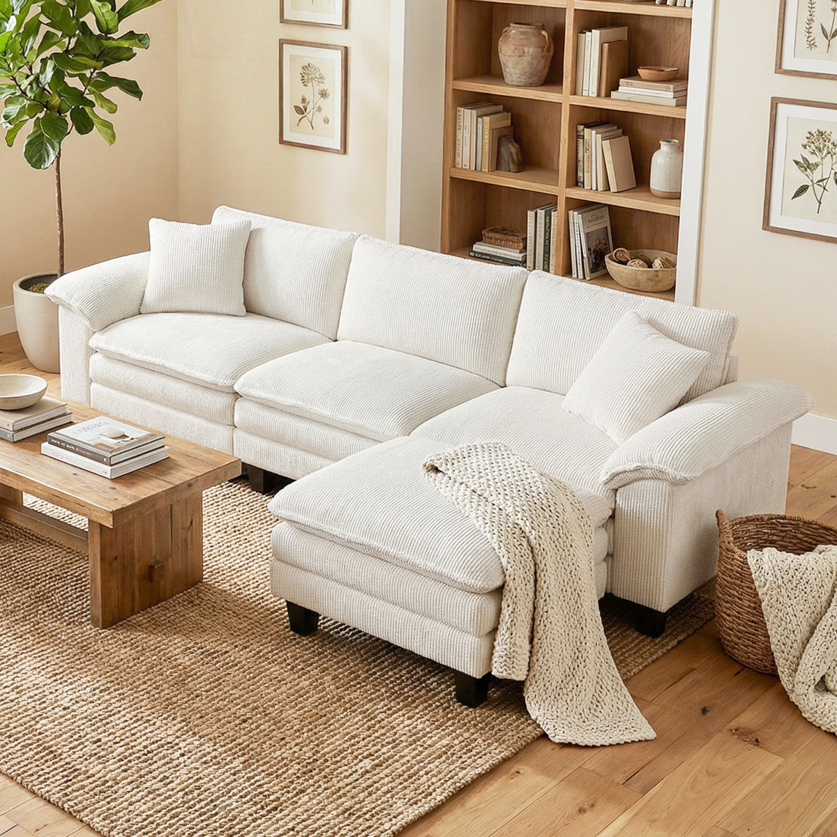 124" L Shaped Sectional Sofa with Movable Ottoman, 3 Seat, 2200lb Capacity, Beige