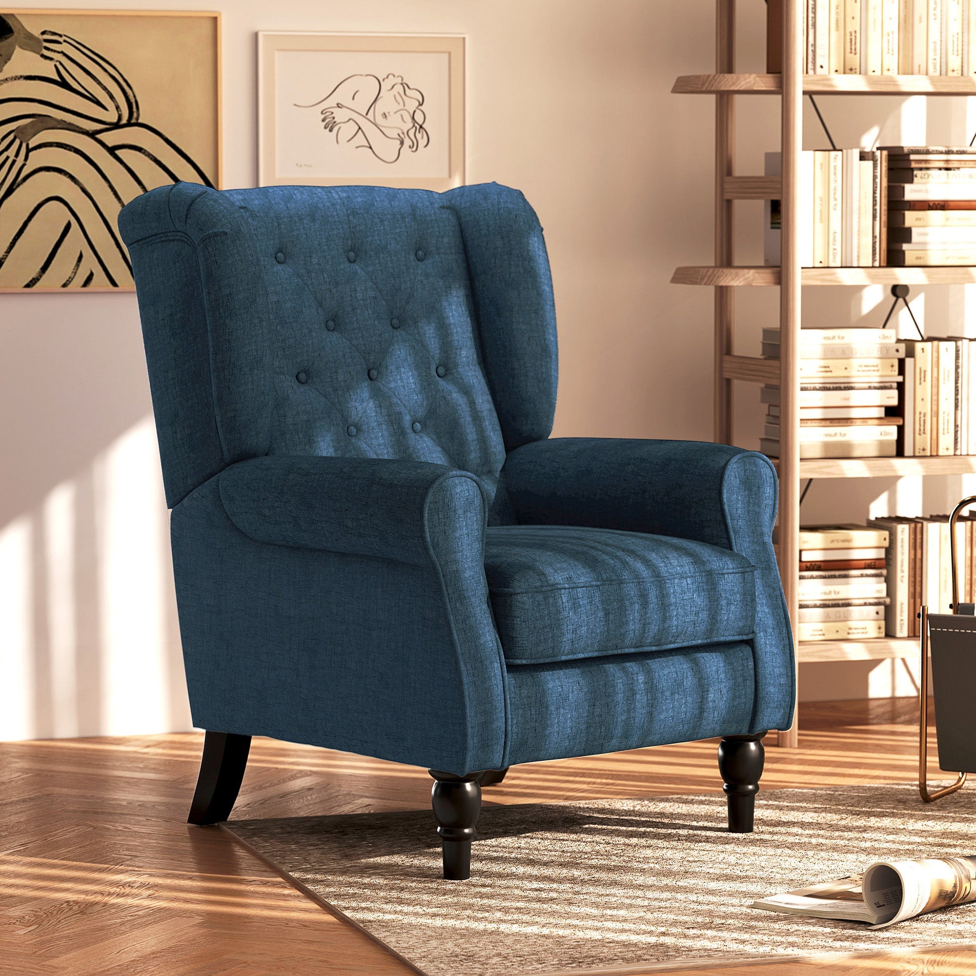 Mid-Century Accent Chair w/ High Wingback, Button-Tufted Fabric & Retro Wood Legs, Blue