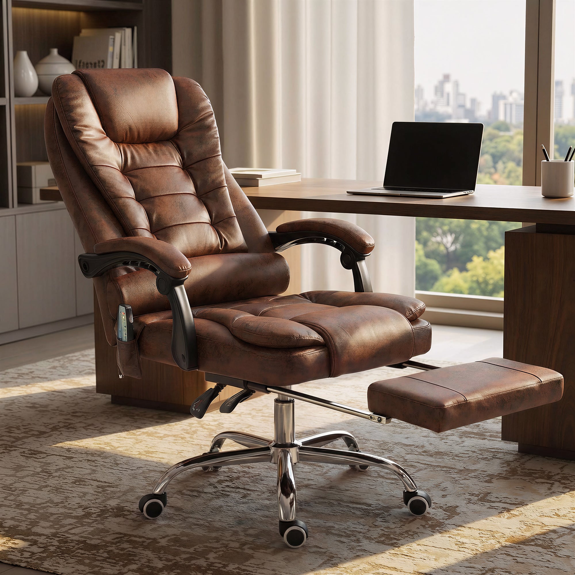 Office Chair with 6-Point Massage and Back Heat, Reclining Back & Footrest, Brown