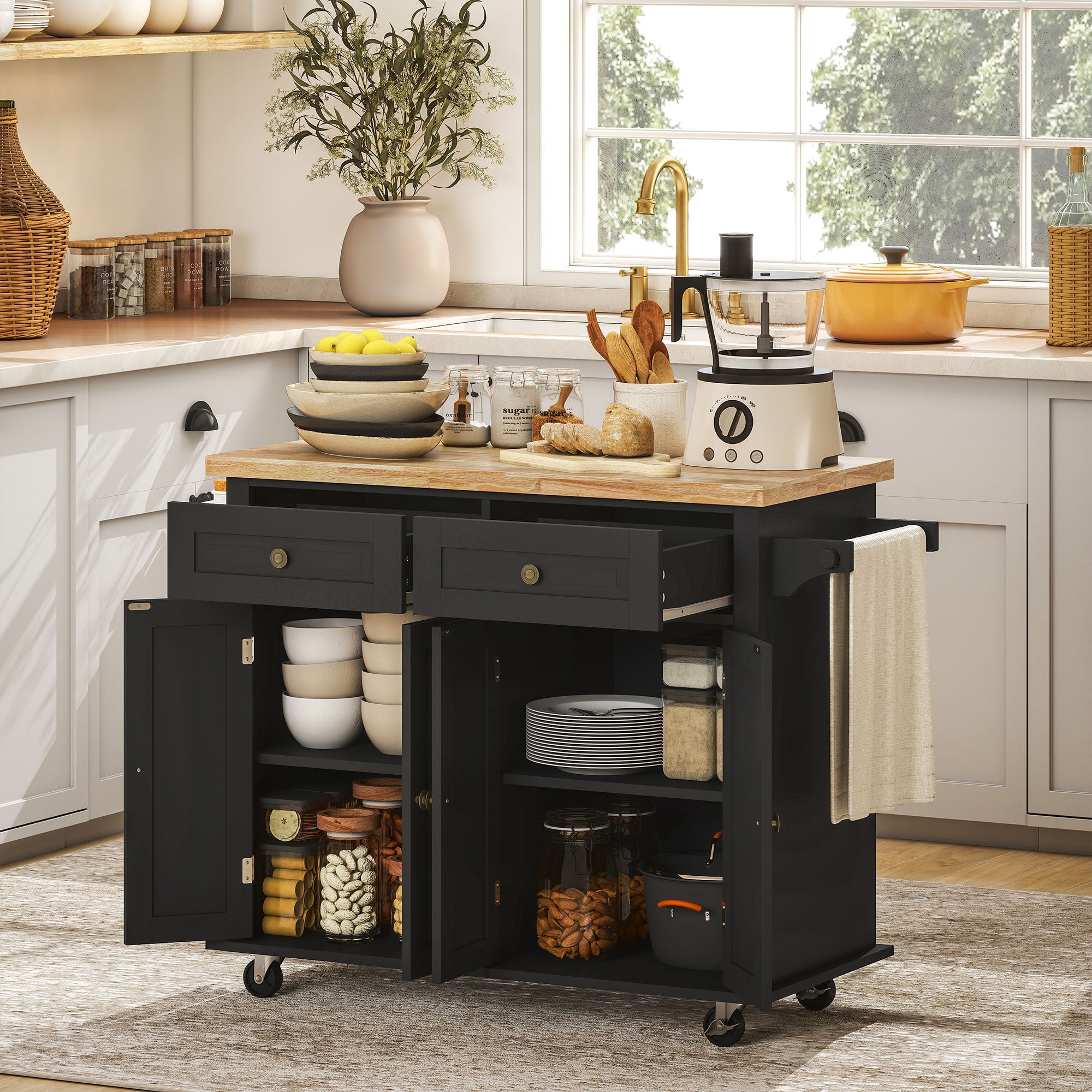 GlideSpace Rolling Kitchen Island Storage Trolley with Rubber Wood Top & Drawers for Dining Room, Black - HOMCOM