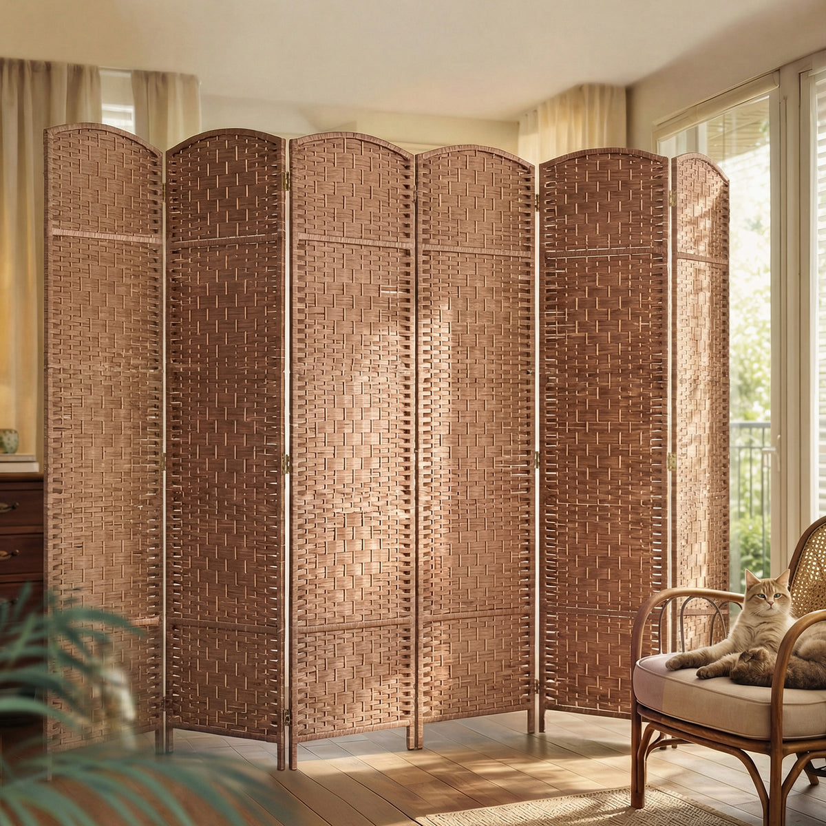 6 Panels Folding Room Divider, 6 ft Tall Portable Privacy Screen with Handwoven Design, Natural