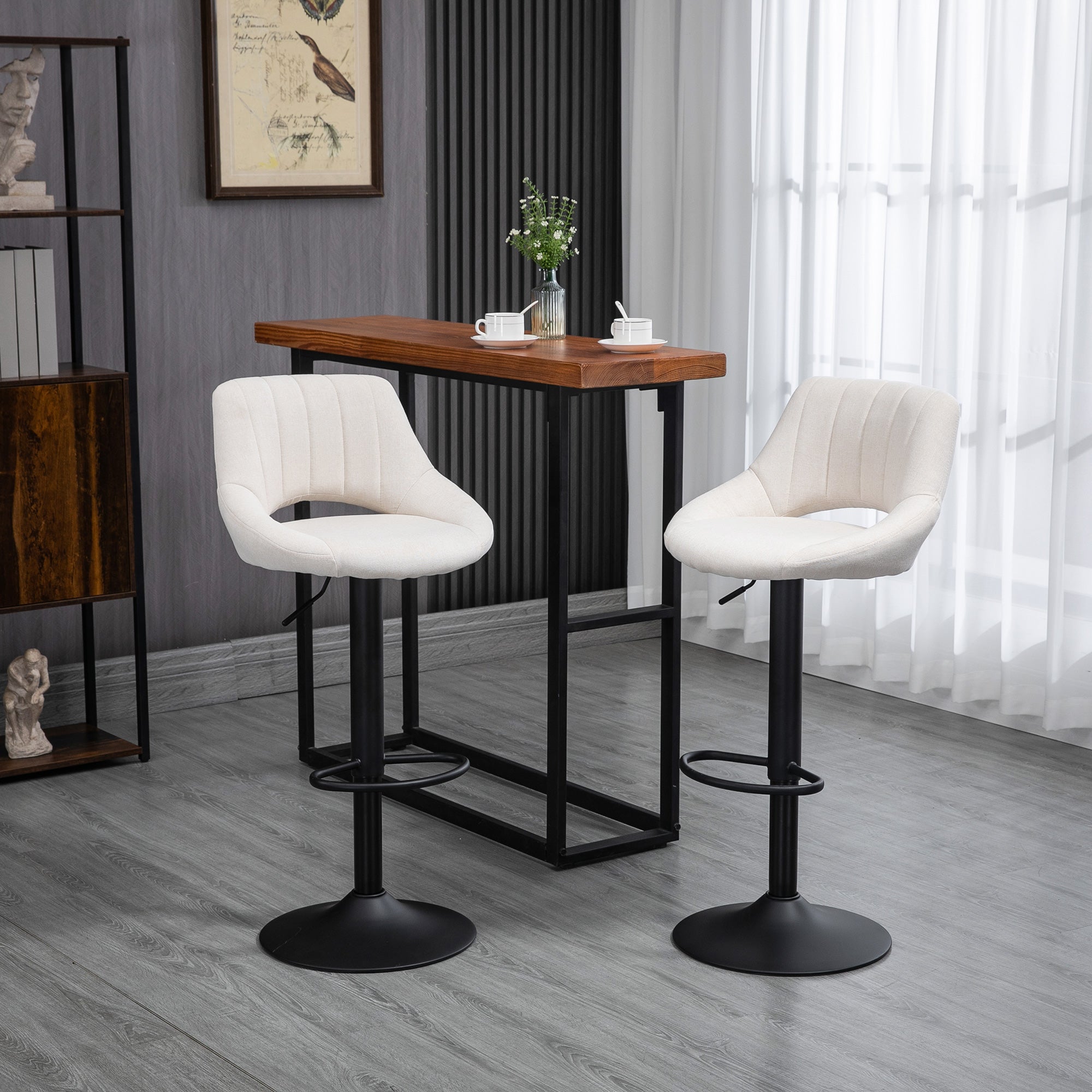 Set of 2 Adjustable Linen Swivel Bar Stools with Round Metal Base, Cream
