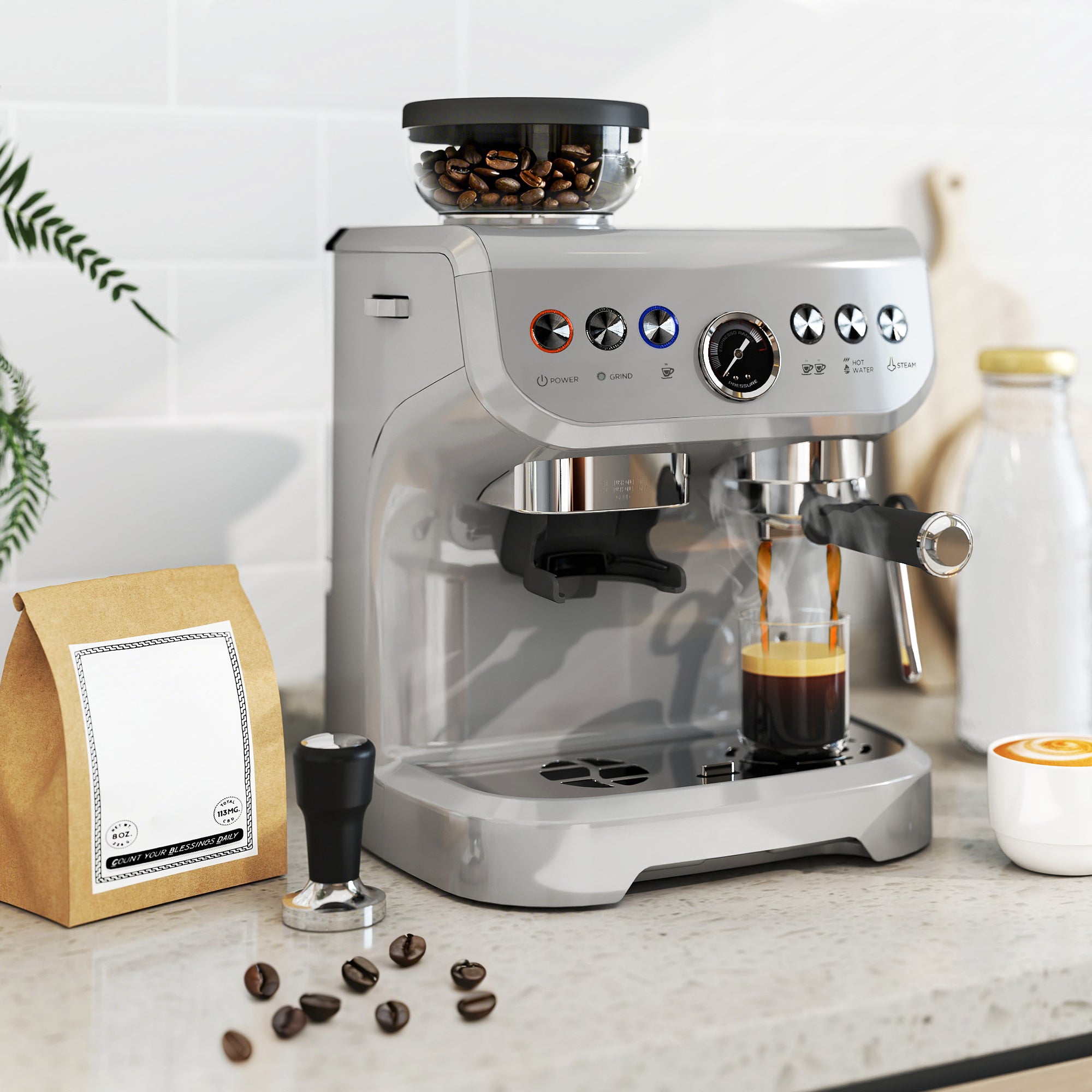 Espresso Machine with Integrated Bean Grinder & Steam Wand, Stainless Steel Silver