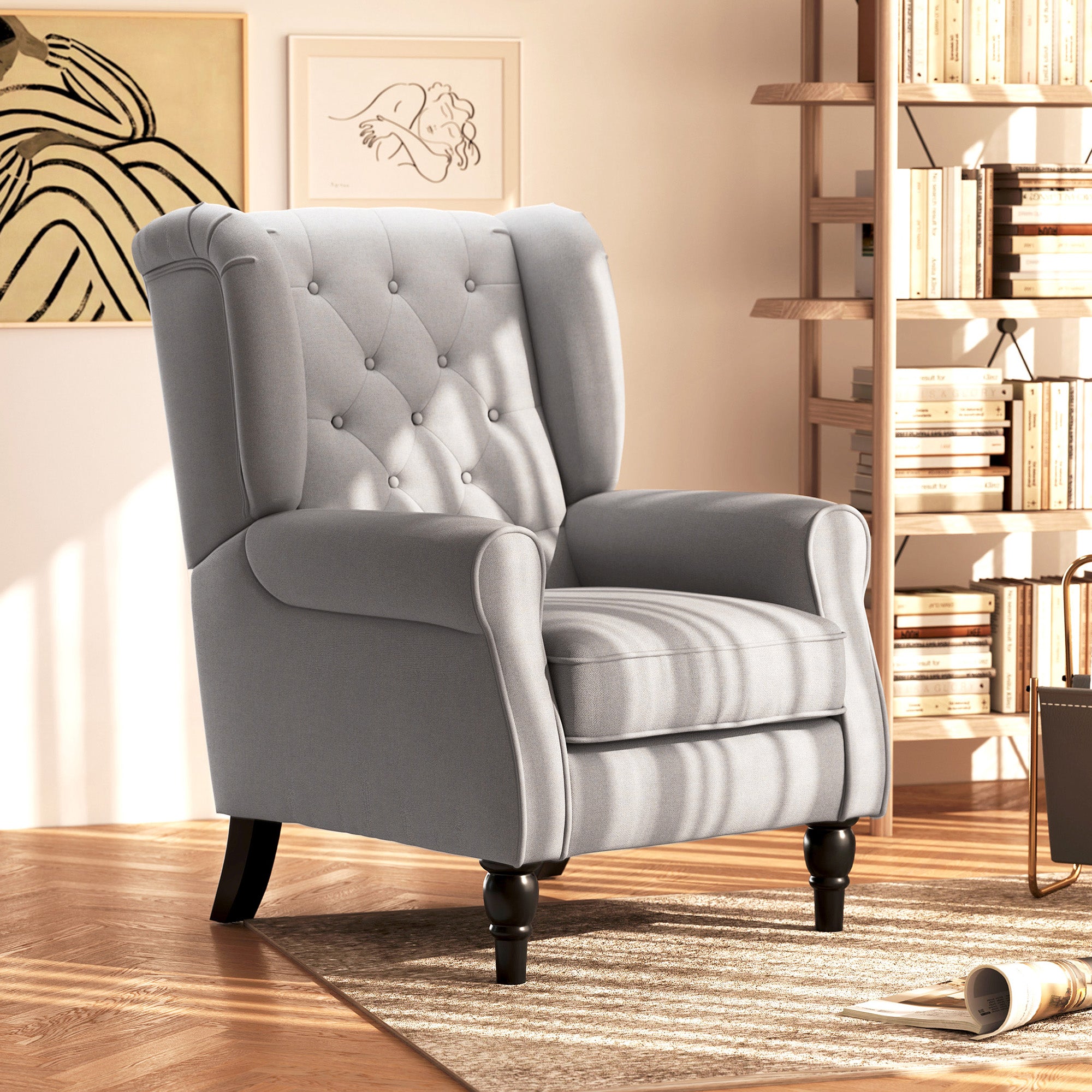 Mid-Century Accent Chair w/ High Wingback, Button-Tufted Fabric & Retro Wood Legs, Gray