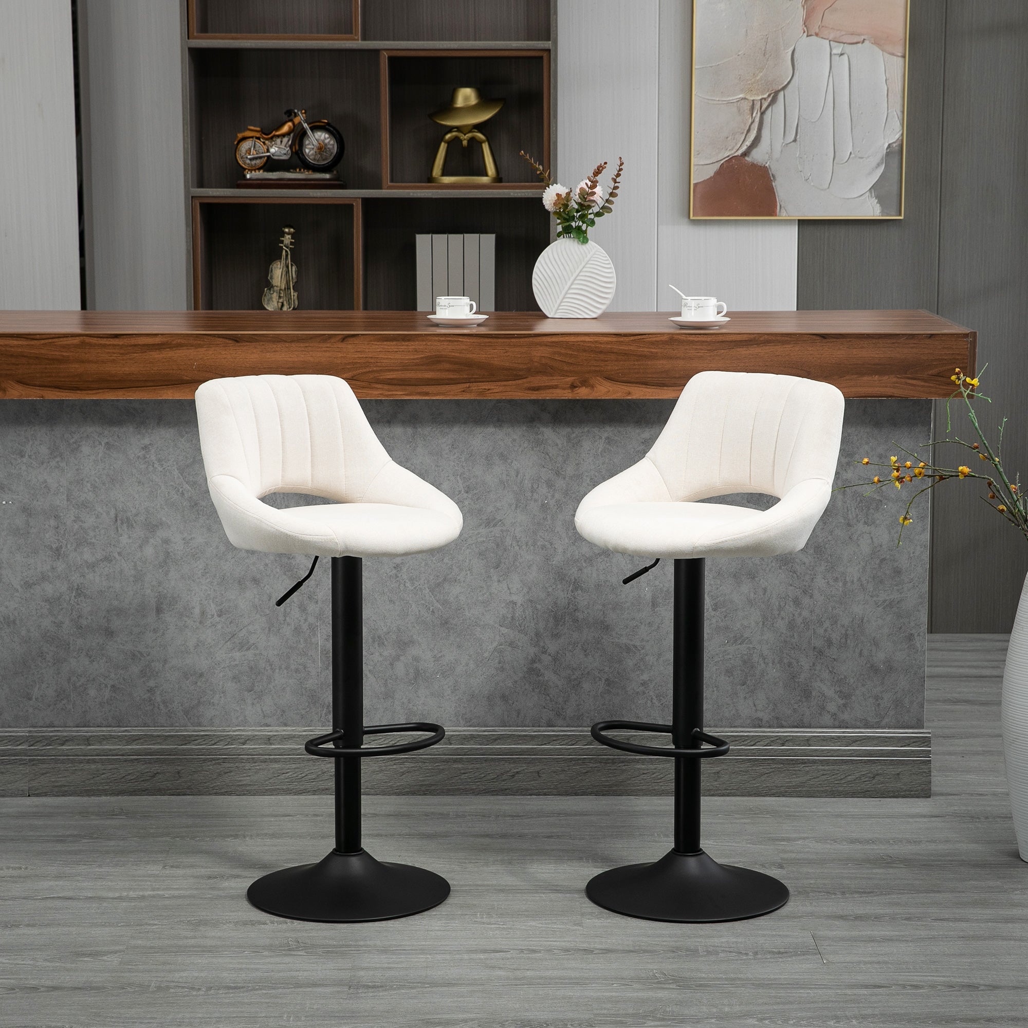 Set of 2 Adjustable Linen Swivel Bar Stools with Round Metal Base, Cream