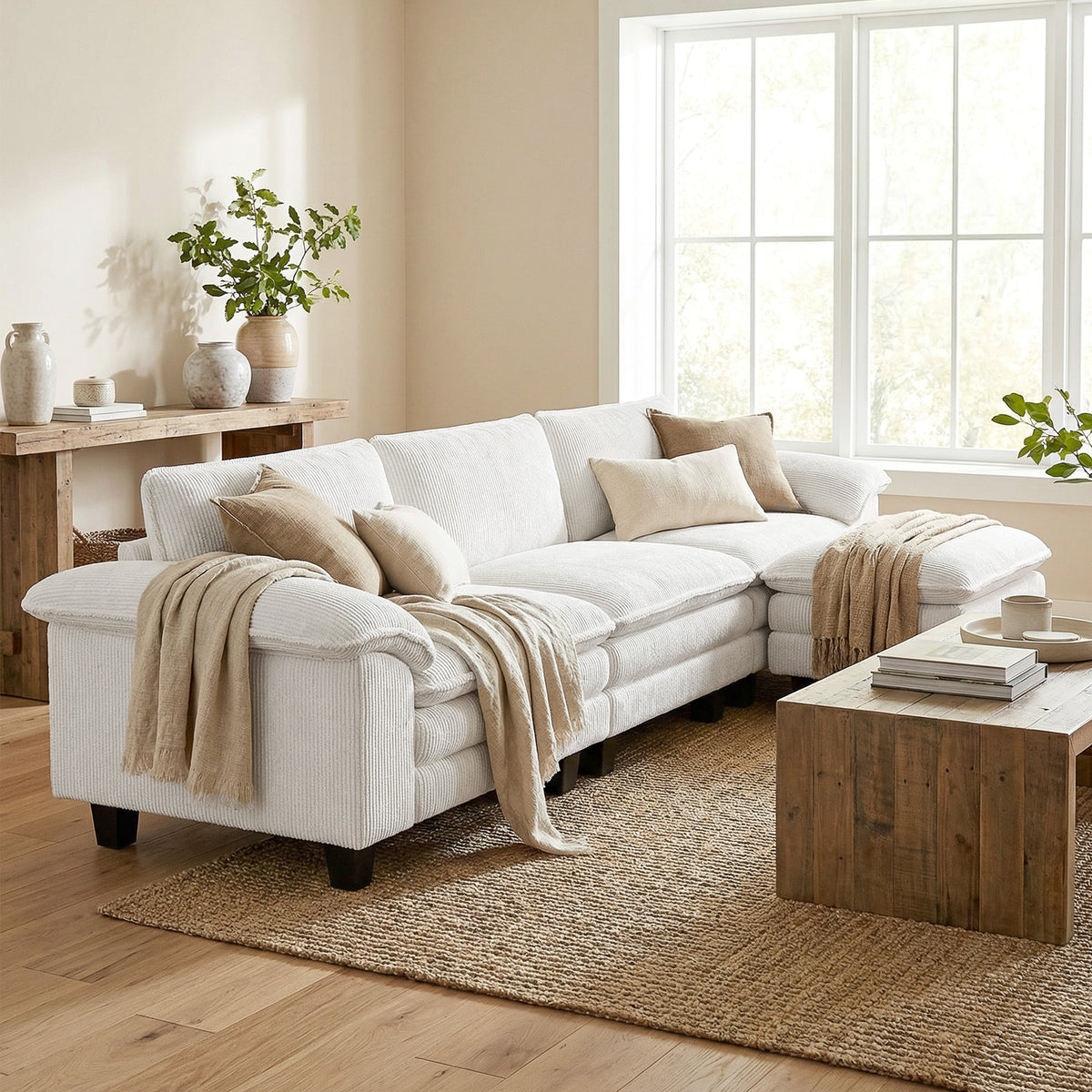 124" L Shaped Sectional Sofa with Movable Ottoman, 3 Seat, 2200lb Capacity, Beige