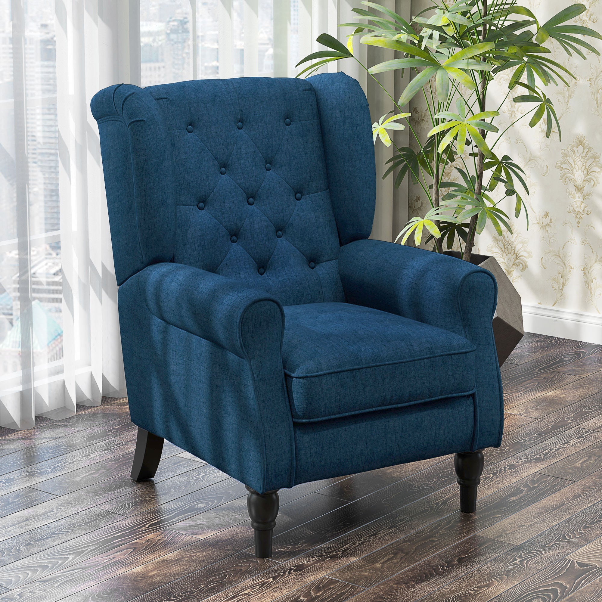 Mid-Century Accent Chair w/ High Wingback, Button-Tufted Fabric & Retro Wood Legs, Blue
