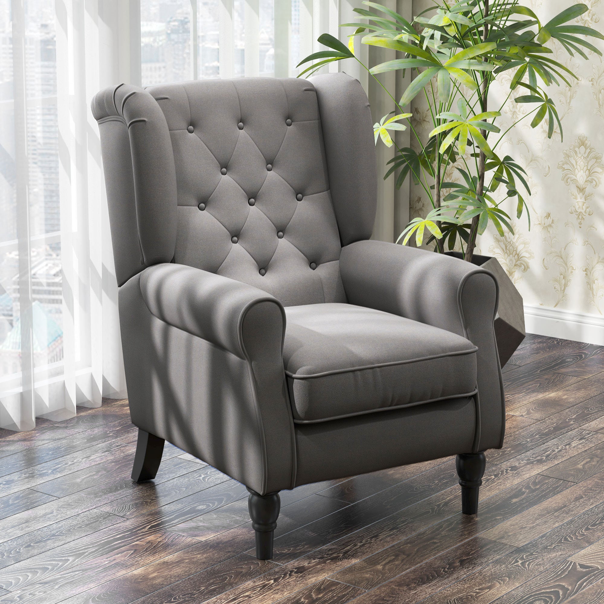Retro Button Tufted Accent Armchair with Wooden Frame and Legs for Living Room, Bedroom, Dark Grey