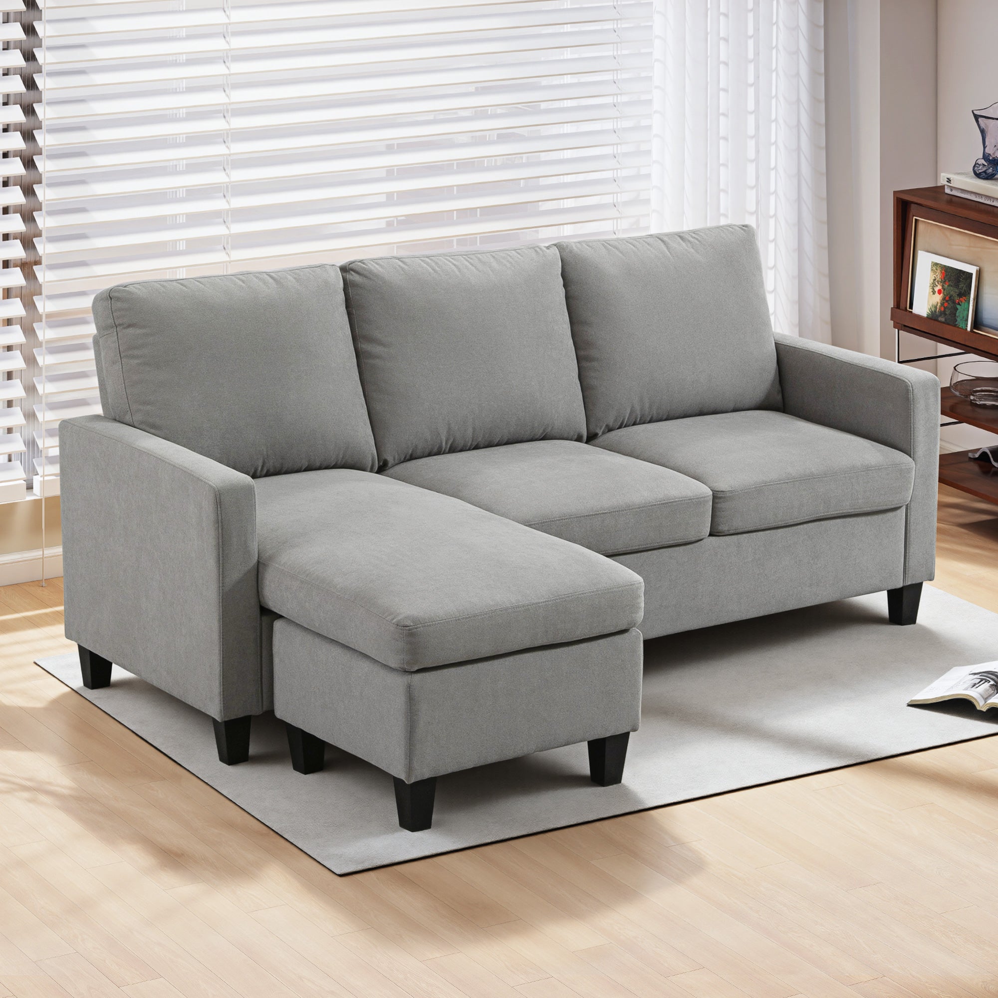 Canapé d'angle 3 places en L avec pouf pour salon, gris clair