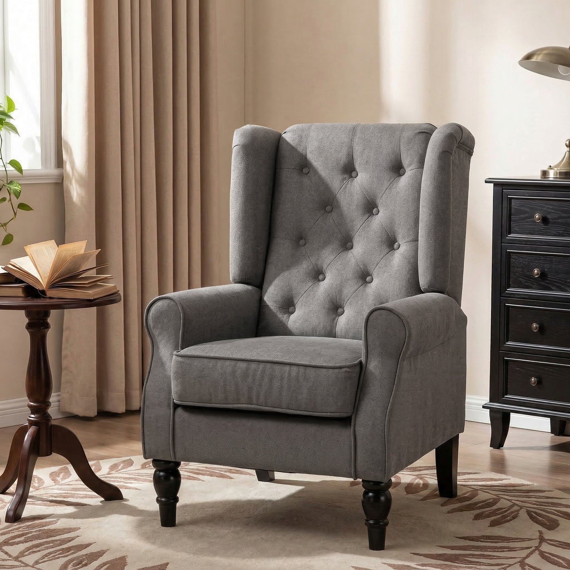 Retro Button Tufted Accent Armchair with Wooden Frame and Legs for Living Room, Bedroom, Dark Grey - HOMCOM