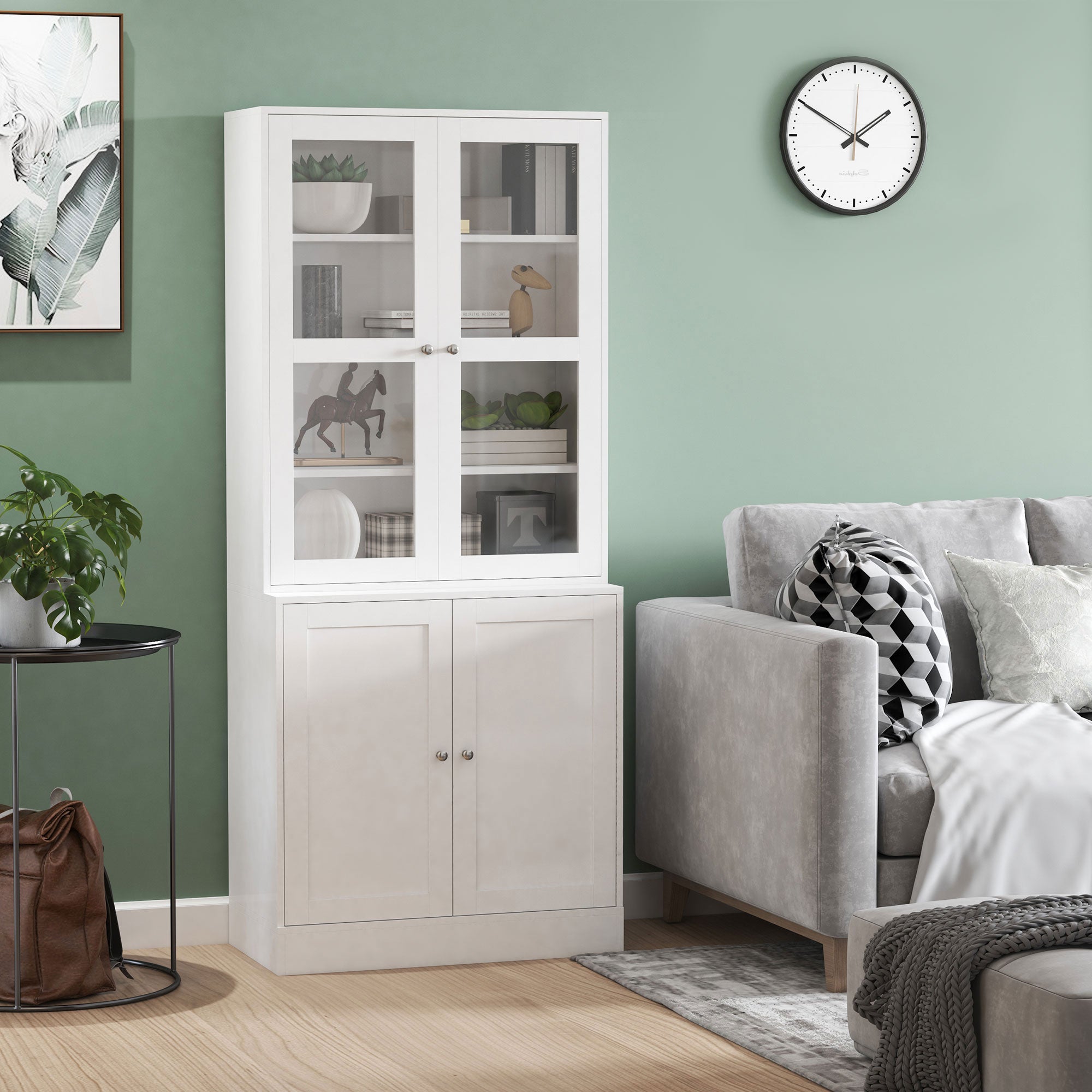 Modern Bookcase with Glass Doors, Display Storage Cabinet w/ Adjustable Shelves, White - HOMCOM