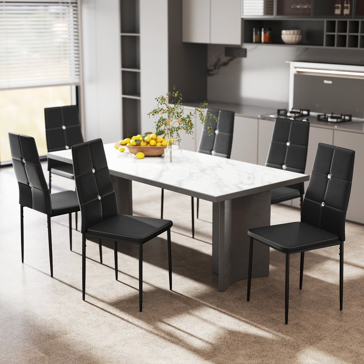 Ensemble de 6 chaises de salle à manger en similicuir noir capitonné de cristaux