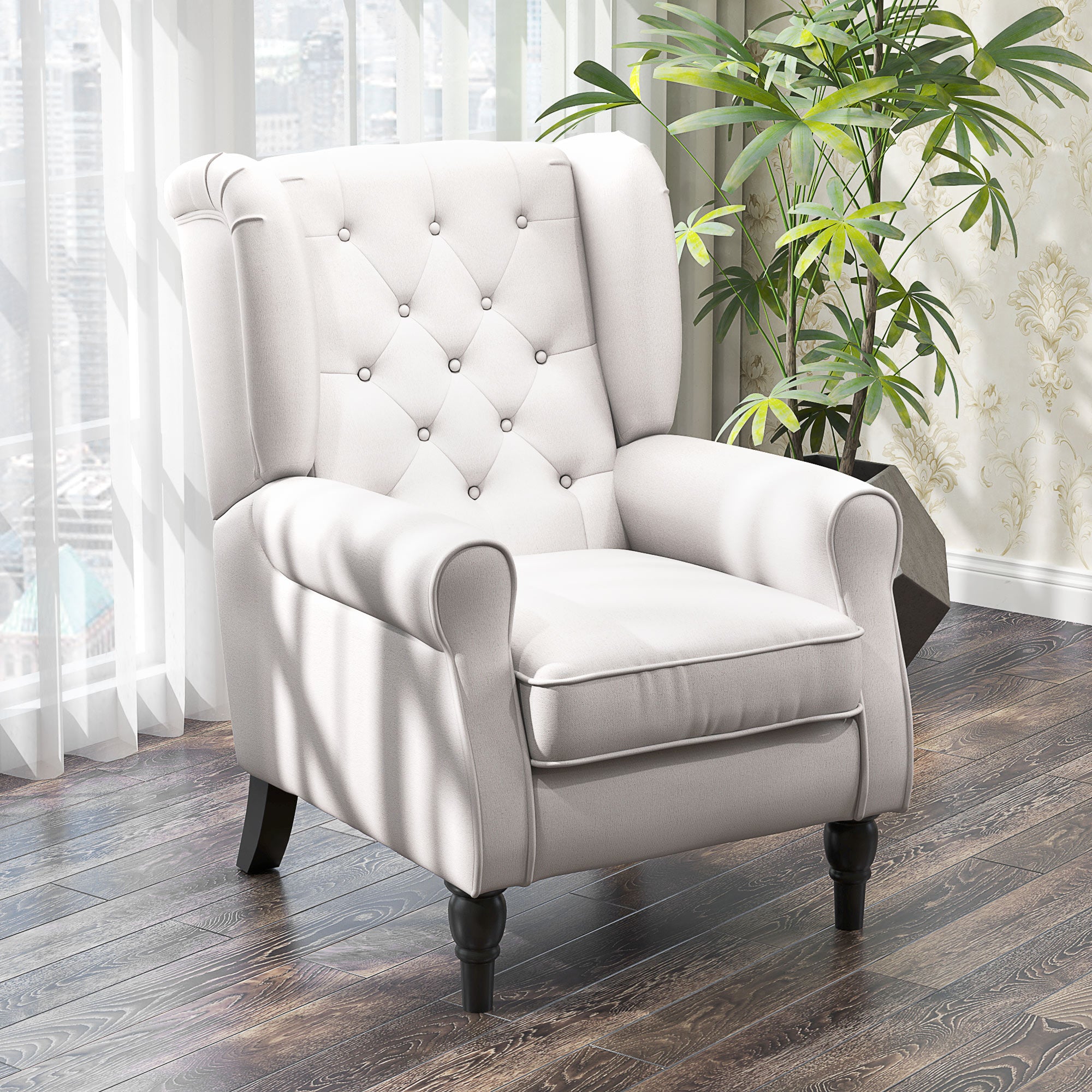 Mid-Century Accent Chair w/ High Wingback, Button-Tufted Fabric & Retro Wood Legs, Cream White