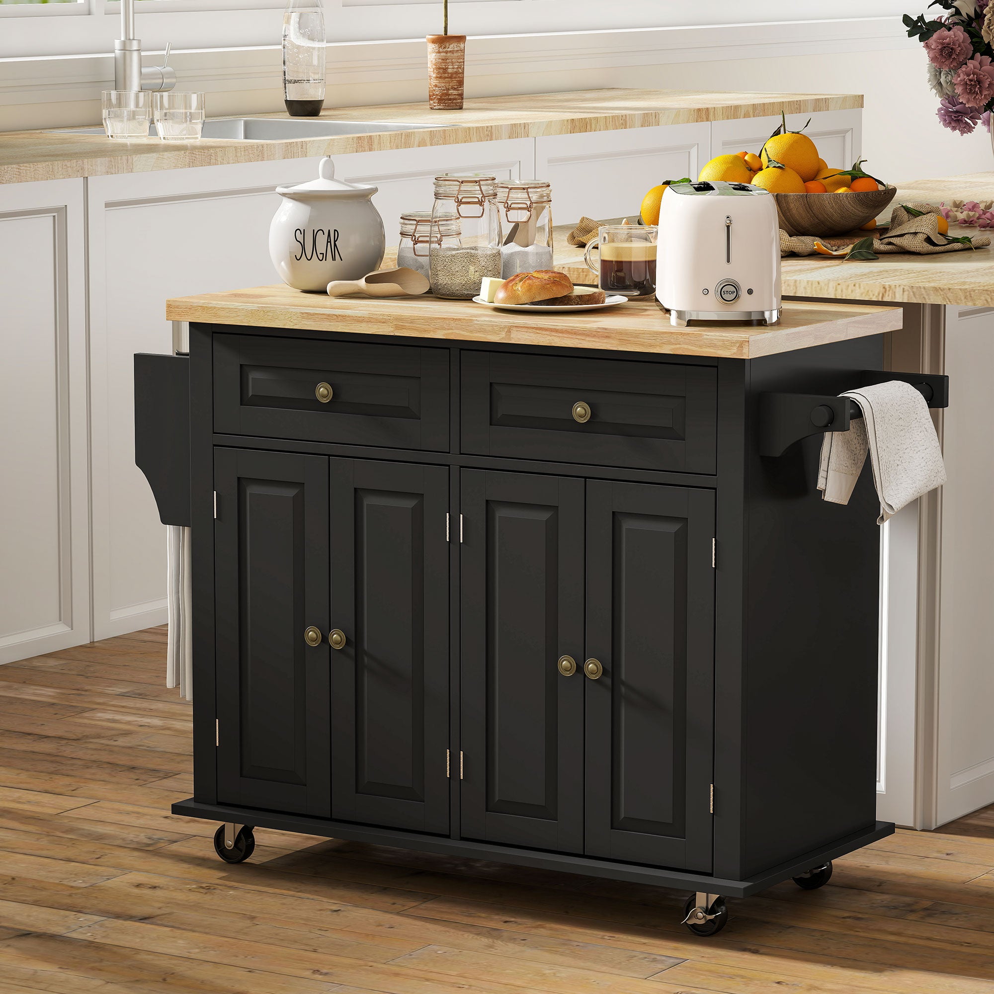GlideSpace Rolling Kitchen Island Storage Trolley with Rubber Wood Top & Drawers for Dining Room, Black - HOMCOM