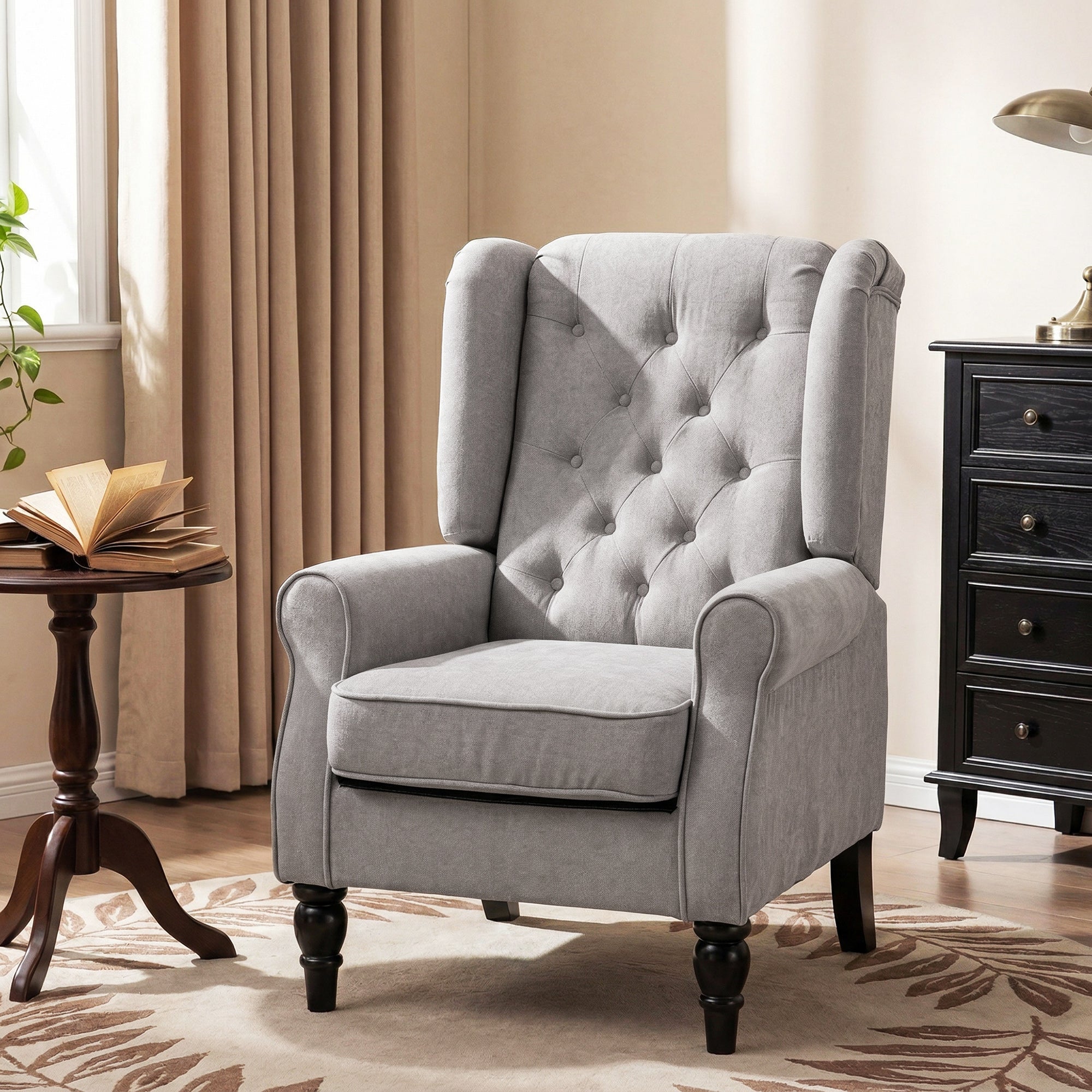 Retro Button Tufted Accent Armchair with Wooden Frame and Legs for Living Room, Bedroom, Grey - HOMCOM