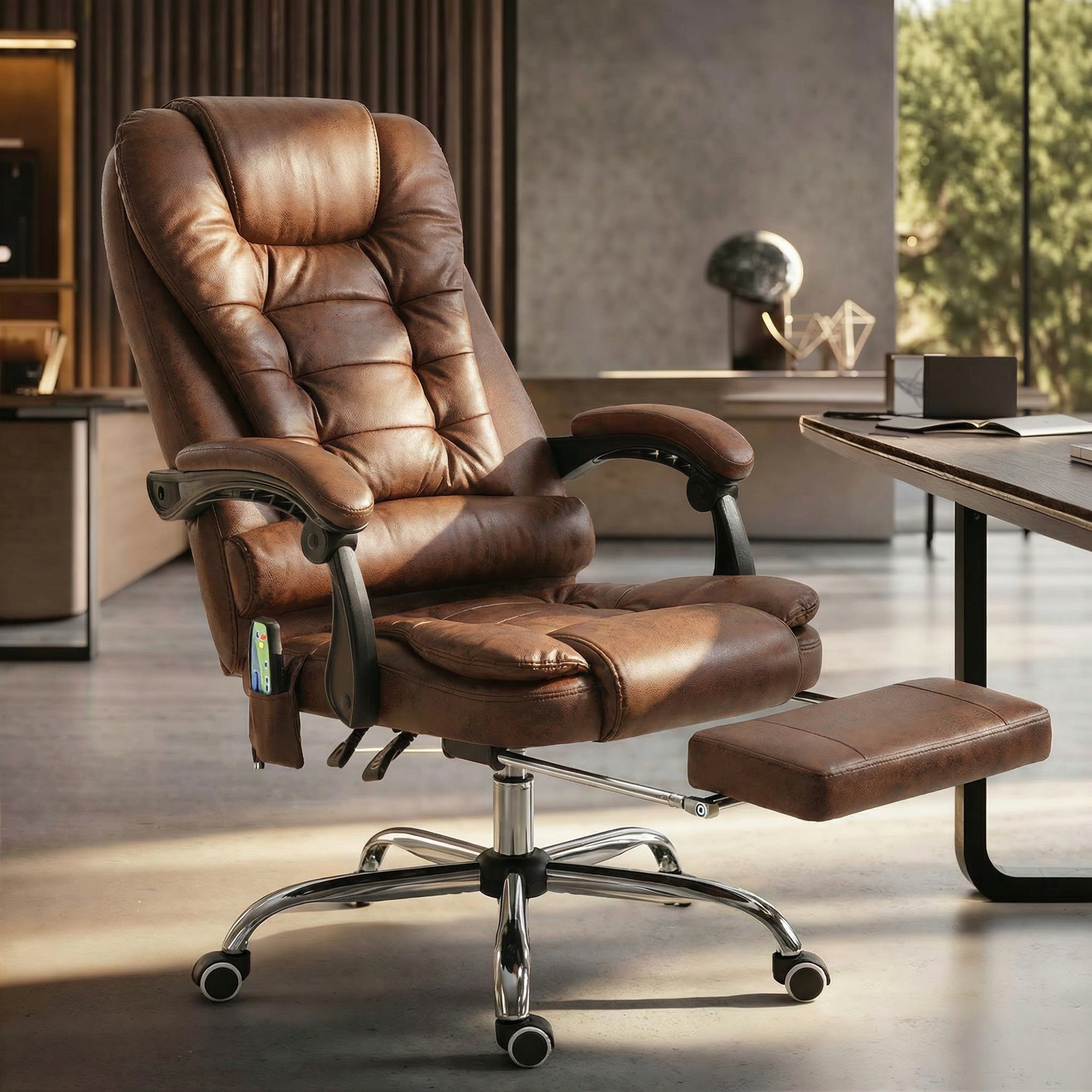 Office Chair with 6-Point Massage and Back Heat, Reclining Back & Footrest, Brown