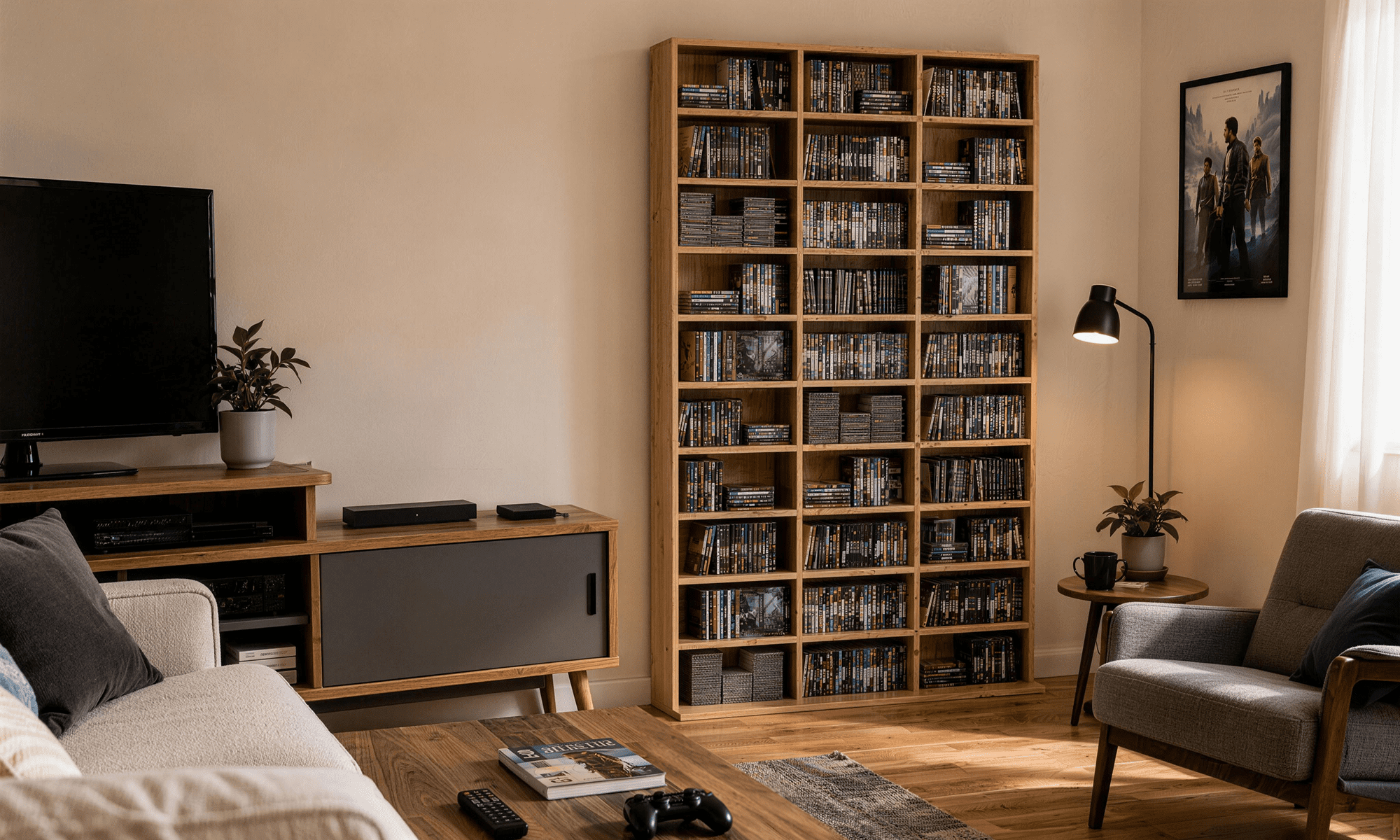 1116 CD/ 528 DVD Storage Unit, Media Storage Shelf, Wooden Display Unit with Adjustable Shelves, 102 x 195 cm, Rustic Brown