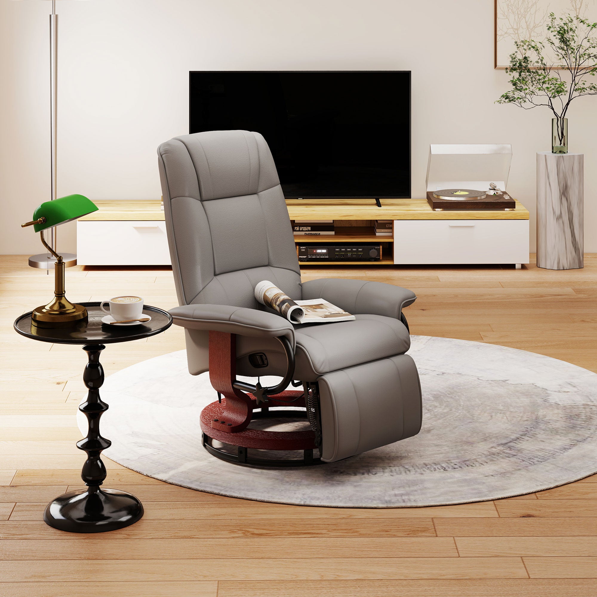 EaseRest Manual Recliner Chair with Faux Leather Upholstered & Wooden Base, Black