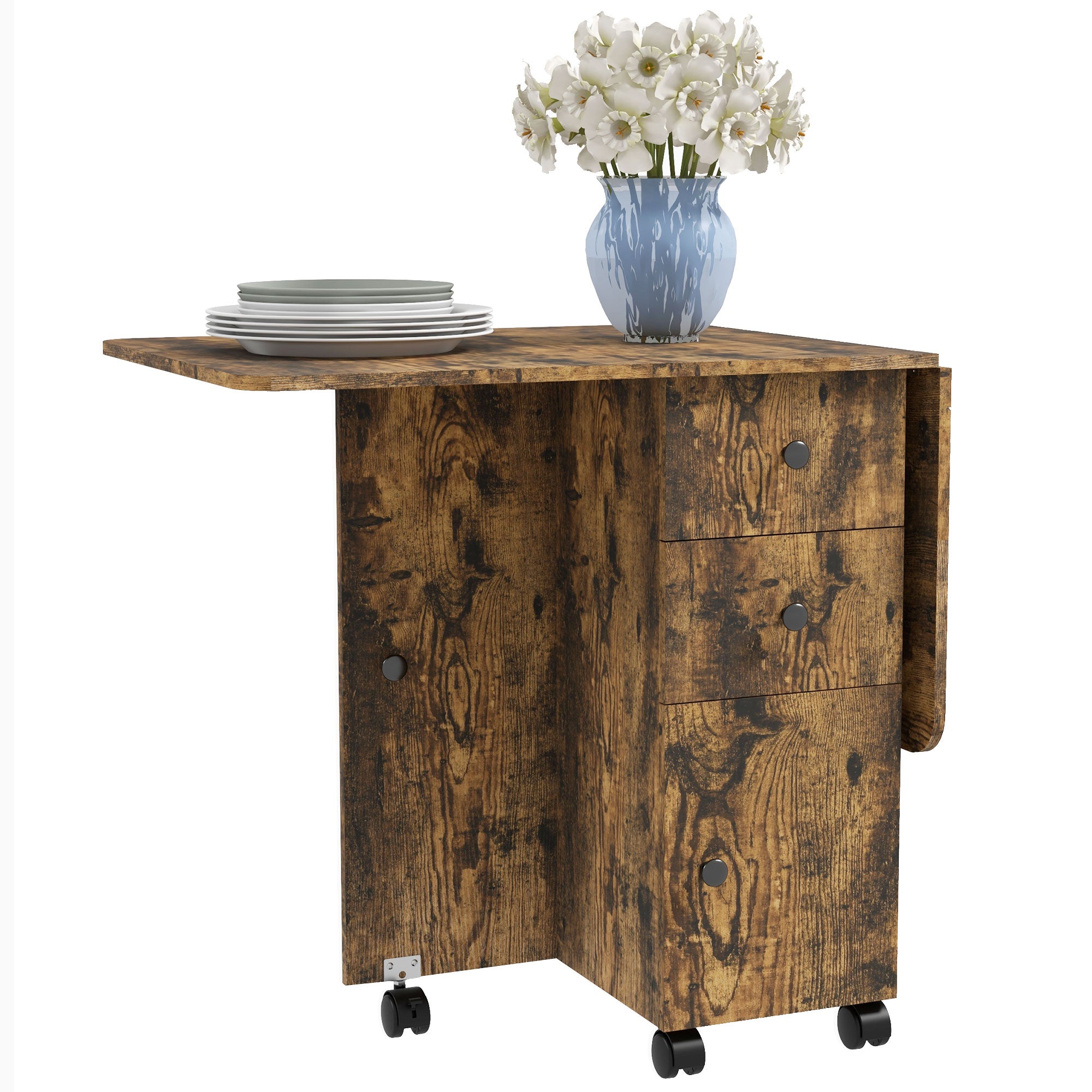 HOMCOM Folding Dining Table for 4-6, Rolling Drop Leaf Table with Storage Drawers, Cabinet and Open Shelf, Extendable Kitchen Table on Wheels, Rustic Brown